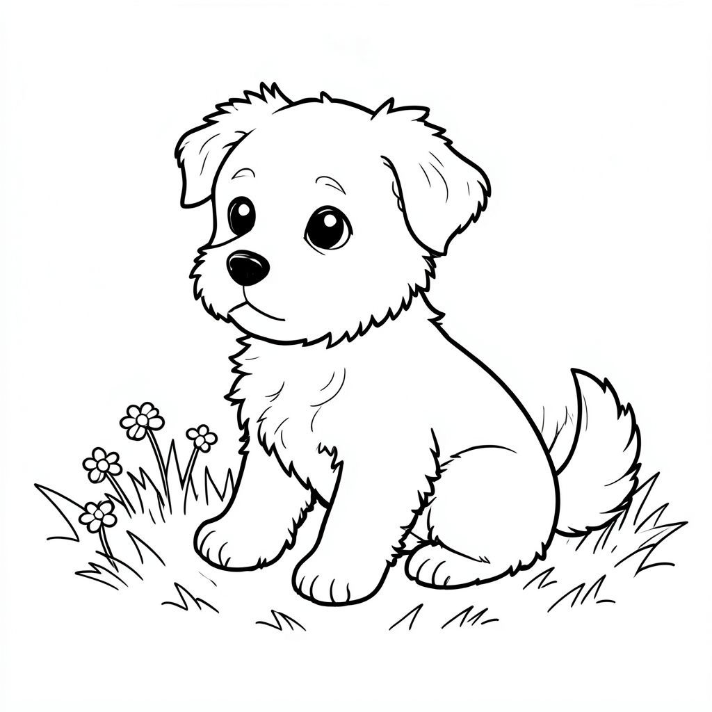 Một nhỏ, lông tơ ngồi nép mình trong một mảng ánh sáng mặt trời. hơi quay mặt sang trái, với đôi tai nhếch lên và biểu cảm nhẹ nhàng, tò mò trên khuôn mặt. Đuôi của nó hơi cong lại, cho thấy sự mãn nguyện. Nền là một mảng cỏ đơn giản, hơi mờ, với một vài bông hoa dại nhỏ nằm rải rác gần đó. Cỏ được hiển thị với một đường nét sạch sẽ, hơi có kết cấu., trang màu, nghệ thuật đường nét, nền trắng