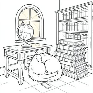 Mặt trời chiếu một lớp ấm áp, mật ong qua một cửa sổ hình vòm duy nhất trong một thư viện ấm cúng, hơi bụi. Một quả địa cầu nhỏ, cổ nằm trên một chiếc bàn gỗ gụ cũ nát, tạo ra một hình chữ nhật mờ nhạt trên sàn. cuộn tròn thành một vòng tròn nhỏ, hoàn hảo, nép mình bên dưới một chồng sách bìa da cao chót vót. Bộ lông của nó có màu trắng kem, và đuôi dài và hơi cong, nhẹ nhàng hướng về phía cửa sổ. Một bàn chân duy nhất, được hình thành hoàn hảo nằm trên một dấu trang mỏng manh, có màu. Căn phòng có mùi giấy cũ thoang thoảng và ., trang màu, nghệ thuật đường nét, nền trắng