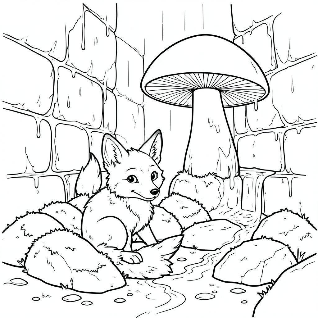 Con cáo nhỏ, một con rực lửa, ngồi nép mình giữa một cụm đá phủ đầy rêu trong một căn hầm mờ nhạt, bóng mưa. Một cây nấm duy nhất, khổng lồ, phát sáng thống trị không gian, tỏa ra ánh sáng dịu dàng khắp khung cảnh. Những bức tường đá ẩm ướt và hơi vỡ vụn, gợi ý về nhiều năm mưa tích tụ. Một dòng suối nhỏ, được hình thành hoàn hảo chảy xuống một bức tường, phản chiếu nấm. Bộ lông của cáo là một bộ lông phong phú, mượt mà, bắt được sự mờ nhạt, và đuôi của nó dài và rậm rạp, đầu với một trang tô màu tinh tế, nghệ thuật đường nét, nền trắng