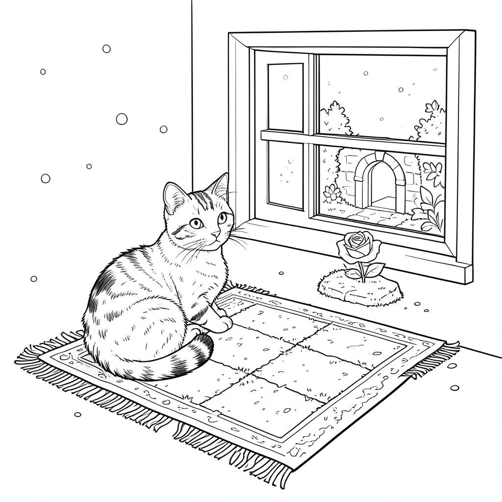 Bụi nhảy múa trong một kính cửa sổ duy nhất. Một con mướp, cuộn tròn trong một góc bóng của một tấm thảm cũ nát, nhìn ra một khu vườn thu nhỏ, được sắp xếp tỉ mỉ. Một bông hồng duy nhất, được tạo hình hoàn hảo và mượt như nhung, nằm trên một con đường đá rêu phong dẫn đến một ô cửa nhỏ, hình vòm. Bản thân tấm thảm là một sự chắp vá của màu xanh lam và xanh lá cây mờ nhạt, gợi ý về một quá khứ yên tĩnh, bị lãng quên. Những vết tràn trong một lớp vải mềm, giặt, chiếu sáng bộ lông bóng bẩy của mèo và đường cong tinh tế của cột sống của nó., trang màu, nghệ thuật đường nét, nền trắng