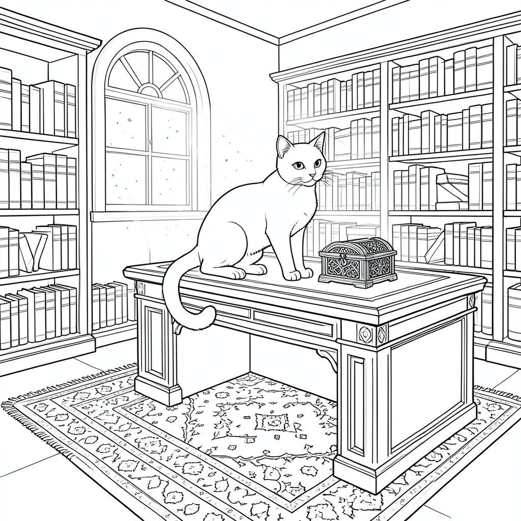 Căn phòng là một thư viện được sắp xếp tỉ mỉ, tắm trong bộ lọc khuếch tán qua một cửa sổ hình vòm duy nhất. Những hạt bụi nhảy múa trong các chùm tia, chiếu sáng một chiếc bàn gỗ gụ rộng lớn tràn ngập những cuốn sách bìa da. Một tấm thảm Ba Tư cổ duy nhất thống trị trung tâm của căn phòng, các hoa văn phức tạp của nó thay đổi một cách tinh tế với một chuyển động nhỏ nhất.

Một con mèo, bóng bẩy và trắng không tưởng, ngồi đậu trên mép bàn, ánh mắt của nó dán chặt vào một chiếc hộp gỗ nhỏ, được chạm khắc tinh xảo nằm trên bề mặt. Đuôi của nó cuộn tròn thanh lịch quanh bàn chân, một đường cong nhẹ nhàng gợi lên sự chiêm ngưỡng yên tĩnh. Khuôn mặt của con mèo là một chiếc mặt nạ hoàn hảo, thanh thản – một đôi mắt duy nhất, thông minh, trang màu, nghệ thuật đường nét, nền trắng