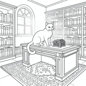 Căn phòng là một thư viện được sắp xếp tỉ mỉ, tắm trong bộ lọc khuếch tán qua một cửa sổ hình vòm duy nhất. Những hạt bụi nhảy múa trong các chùm tia, chiếu sáng một chiếc bàn gỗ gụ rộng lớn tràn ngập những cuốn sách bìa da. Một tấm thảm Ba Tư cổ duy nhất thống trị trung tâm của căn phòng, các hoa văn phức tạp của nó thay đổi một cách tinh tế với một chuyển động nhỏ nhất.

Một con mèo, bóng bẩy và trắng không tưởng, ngồi đậu trên mép bàn, ánh mắt của nó dán chặt vào một chiếc hộp gỗ nhỏ, được chạm khắc tinh xảo nằm trên bề mặt. Đuôi của nó cuộn tròn thanh lịch quanh bàn chân, một đường cong nhẹ nhàng gợi lên sự chiêm ngưỡng yên tĩnh. Khuôn mặt của con mèo là một chiếc mặt nạ hoàn hảo, thanh thản – một đôi mắt duy nhất, thông minh, trang màu, nghệ thuật đường nét, nền trắng