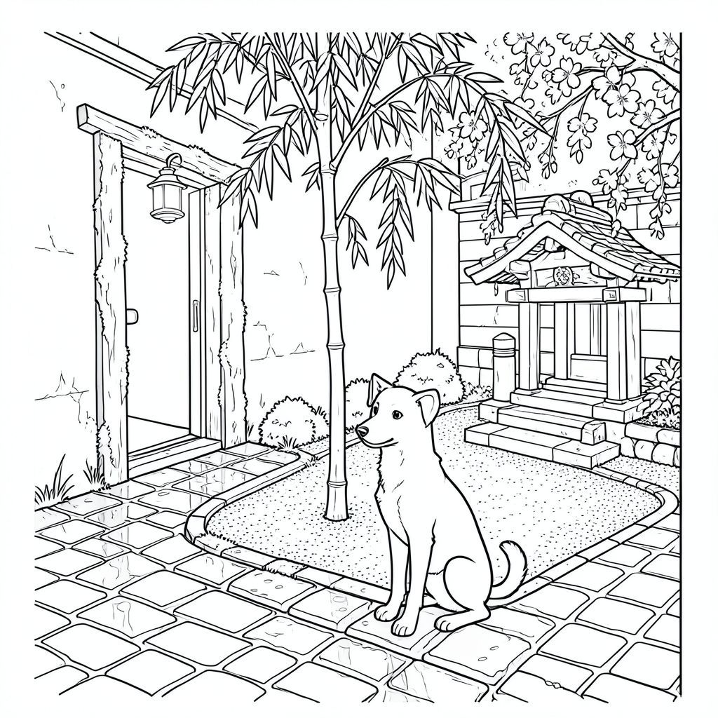 Những viên đá cuội bóng mưa của một con hẻm Kyoto bị lãng quên phản chiếu ánh sáng của một chiếc đèn lồng cổ xưa. Một ô cửa hẹp, phủ đầy rêu, chỉ đủ rộng cho một, dẫn vào một khoảng sân bóng râm. Một con đường rải sỏi được cào tỉ mỉ uốn lượn quanh một ngôi đền đá nhỏ, phong hóa, lối vào của nó bị che khuất một phần bởi những bông hoa anh đào rủ xuống. , một bóng bẩy, -greyapolitan, kiên nhẫn ngồi bên dưới một thân tre rủ xuống, đuôi cong thấp, như thể hấp thụ sự u sầu yên tĩnh của không gian. Đầu của nó hơi nghiêng, một ánh mắt quan sát duy nhất dán chặt vào một cây cầu hình vòm ở xa, trang màu, nghệ thuật đường nét, nền trắng