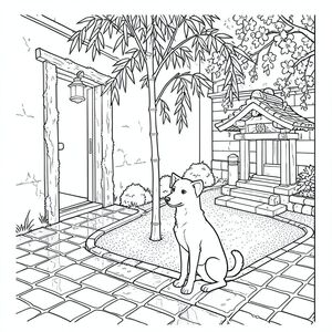 Những viên đá cuội bóng mưa của một con hẻm Kyoto bị lãng quên phản chiếu ánh sáng của một chiếc đèn lồng cổ xưa. Một ô cửa hẹp, phủ đầy rêu, chỉ đủ rộng cho một, dẫn vào một khoảng sân bóng râm. Một con đường rải sỏi được cào tỉ mỉ uốn lượn quanh một ngôi đền đá nhỏ, phong hóa, lối vào của nó bị che khuất một phần bởi những bông hoa anh đào rủ xuống. , một bóng bẩy, -greyapolitan, kiên nhẫn ngồi bên dưới một thân tre rủ xuống, đuôi cong thấp, như thể hấp thụ sự u sầu yên tĩnh của không gian. Đầu của nó hơi nghiêng, một ánh mắt quan sát duy nhất dán chặt vào một cây cầu hình vòm ở xa, trang màu, nghệ thuật đường nét, nền trắng