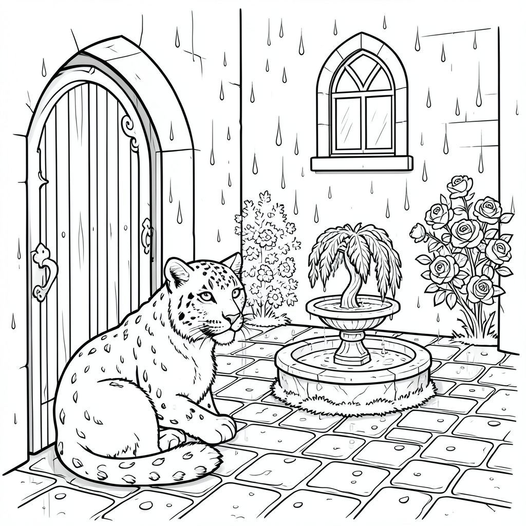 Một con báo tuyết đơn độc, cuộn tròn trong một hốc tường bóng tối, nhìn ra một khoảng sân lát đá cuội trơn bóng mưa.

Sân trong là một phiên bản thu nhỏ, được chế tác tỉ mỉ của một quảng trường chợ thời trung cổ. Những giọt mưa, kích thước bằng viên sỏi, bám vào những viên đá mòn, phản chiếu sự im lặng từ một cửa sổ hình vòm duy nhất ở phía trên. Một đài phun nước nhỏ, bị lật úp nằm ở trung tâm, nước của nó đóng băng thành một tác phẩm điêu khắc thu nhỏ, hoàn hảo của một cây liễu rủ. Rêu, một , mượt như nhung, bám vào đáy của đài phun nước. Một bụi hoa hồng duy nhất, được hình thành hoàn hảo, bùng nổ với những bông hoa gần như rực rỡ, được đặt ngay bên ngoài hốc tường, gai của nó có thể nhìn thấy một cách tinh tế. Báo tuyết được đặt ở góc dưới bên trái, hình dạng mềm mại của nó bị che khuất một phần bởi một cánh cửa gỗ được mở một phần, trang trí công phu. Bộ lông của báo tuyết có màu trắng nguyên sơ, gần như phát sáng trong mờ ., trang màu, nghệ thuật đường nét, nền trắng