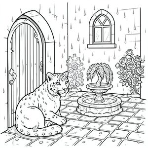 Một con báo tuyết đơn độc, cuộn tròn trong một hốc tường bóng tối, nhìn ra một khoảng sân lát đá cuội trơn bóng mưa.

Sân trong là một phiên bản thu nhỏ, được chế tác tỉ mỉ của một quảng trường chợ thời trung cổ. Những giọt mưa, kích thước bằng viên sỏi, bám vào những viên đá mòn, phản chiếu sự im lặng từ một cửa sổ hình vòm duy nhất ở phía trên. Một đài phun nước nhỏ, bị lật úp nằm ở trung tâm, nước của nó đóng băng thành một tác phẩm điêu khắc thu nhỏ, hoàn hảo của một cây liễu rủ. Rêu, một , mượt như nhung, bám vào đáy của đài phun nước. Một bụi hoa hồng duy nhất, được hình thành hoàn hảo, bùng nổ với những bông hoa gần như rực rỡ, được đặt ngay bên ngoài hốc tường, gai của nó có thể nhìn thấy một cách tinh tế. Báo tuyết được đặt ở góc dưới bên trái, hình dạng mềm mại của nó bị che khuất một phần bởi một cánh cửa gỗ được mở một phần, trang trí công phu. Bộ lông của báo tuyết có màu trắng nguyên sơ, gần như phát sáng trong mờ ., trang màu, nghệ thuật đường nét, nền trắng