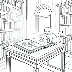 Căn phòng là một thư viện được tổ chức tỉ mỉ, tắm rửa, khuếch tán vào cuối buổi chiều. Những mảng bụi nhảy múa trong các chùm tia, chiếu sáng một chiếc bàn gỗ gụ cổ duy nhất nằm ở giữa không gian. Một cuốn sách lớn, bìa da nằm mở, các trang của nó hiển thị một hình minh họa thực vật tinh tế - một cây anh túc duy nhất. 

Một con mèo sứ nhỏ, có hình dạng hoàn hảo, một màu của, ngồi đậu trên mép bàn, đuôi cong thanh lịch. Khuôn mặt của nó là một biểu cảm thanh thản, gần như u sầu, một đường cong tinh tế của mũi gợi lên sự chiêm ngưỡng yên tĩnh. Bộ lông của mèo đồng đều, mượt mà, bắt với ánh sáng lung linh nhẹ nhàng. Nó được đặt hơi lệch tâm, nghiêng về phía người xem, như thể đang quan sát thứ gì đó không nhìn thấy. Nền là một ấn tượng hơi mờ của tấm ốp gỗ cũ kỹ, với một cửa sổ hình vòm đơn, hẹp, đóng khung bầu trời u ám, trầm lặng., trang màu, nghệ thuật đường nét, nền trắng