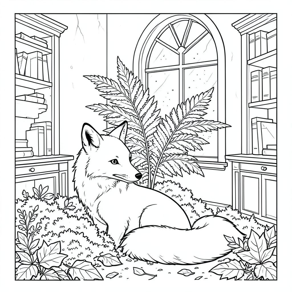 Con cáo, một con đơn độc, ngồi nép mình giữa một cuộc bạo loạn của rêu và lá rụng trong một phòng làm việc cổ kính thiếu ánh sáng. Một cây dương xỉ duy nhất, khổng lồ, được hình thành hoàn hảo chiếm ưu thế ở trung tâm của căn phòng, lá của nó vươn về phía một cửa sổ hình vòm cao. Bụi nhảy múa trong sự mờ nhạt, khuếch tán qua lá, tạo ra một hoa văn xoáy nhẹ nhàng. Bộ lông của con cáo là một , mượt như nhung, gần như trong bóng tối, và đuôi của nó dài và thanh lịch, đầu có một cái rực rỡ, . Nó hơi cuộn tròn, một tư thế chiêm nghiệm., trang màu, nghệ thuật đường nét, nền trắng