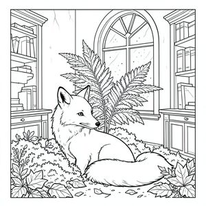 Con cáo, một con đơn độc, ngồi nép mình giữa một cuộc bạo loạn của rêu và lá rụng trong một phòng làm việc cổ kính thiếu ánh sáng. Một cây dương xỉ duy nhất, khổng lồ, được hình thành hoàn hảo chiếm ưu thế ở trung tâm của căn phòng, lá của nó vươn về phía một cửa sổ hình vòm cao. Bụi nhảy múa trong sự mờ nhạt, khuếch tán qua lá, tạo ra một hoa văn xoáy nhẹ nhàng. Bộ lông của con cáo là một , mượt như nhung, gần như trong bóng tối, và đuôi của nó dài và thanh lịch, đầu có một cái rực rỡ, . Nó hơi cuộn tròn, một tư thế chiêm nghiệm., trang màu, nghệ thuật đường nét, nền trắng