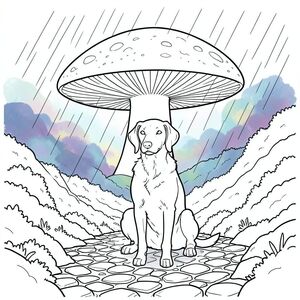 Mưa rơi theo những nét chậm rãi, có chủ ý, một vết bầm tím trên tảng đá hắc thạch trơn bóng. Một cây nấm khổng lồ duy nhất, có kích thước bằng một tòa nhà nhỏ, thống trị cảnh quan - nắp của nó là một tinh vân xoáy, rung động với ánh sáng phát quang mờ nhạt bên trong. Bên dưới nó, một thung lũng mở ra, nghẹn ngào với rêu lân quang phát sáng với và . Mặt đất là một bức tranh khảm của đá granit đánh bóng và đá phiến sét giòn, được sưởi ấm bởi ánh hoàng hôn vĩnh viễn.  Một duy nhất, bị phong hóa, một săn xám, ngồi yên hoàn hảo ở trung tâm thung lũng. Bộ lông của nó là một bộ lông đồng nhất, gần như không tự nhiên, giống như tuyết mới rơi. Đôi mắt của nó là một sự giật mình, kiên định, phản chiếu ánh sáng của nấm. Tư thế của là vương giả, một sự tĩnh lặng tinh tế, kiên định. Đó là một hình thức hoàn chỉnh, không tì vết, một hình bóng rõ ràng trên nền thế giới khác. Đuôi của, dài và thon, được giấu lỏng lẻo bên dưới cơ thể của nó, một đối lập tinh tế với sự tĩnh lặng. Bắt được đường gờ tinh tế của mõm của nó, một đường thẳng duy nhất, hoàn hảo. Nền là một màu xanh lam, tím và xanh lá cây mờ mịt, ấn tượng, làm mờ các cạnh của thung lũng và nấm, tạo cảm giác rộng lớn và vượt thời gian. Không có gì khác được nhìn thấy., trang màu, nghệ thuật đường nét, nền trắng