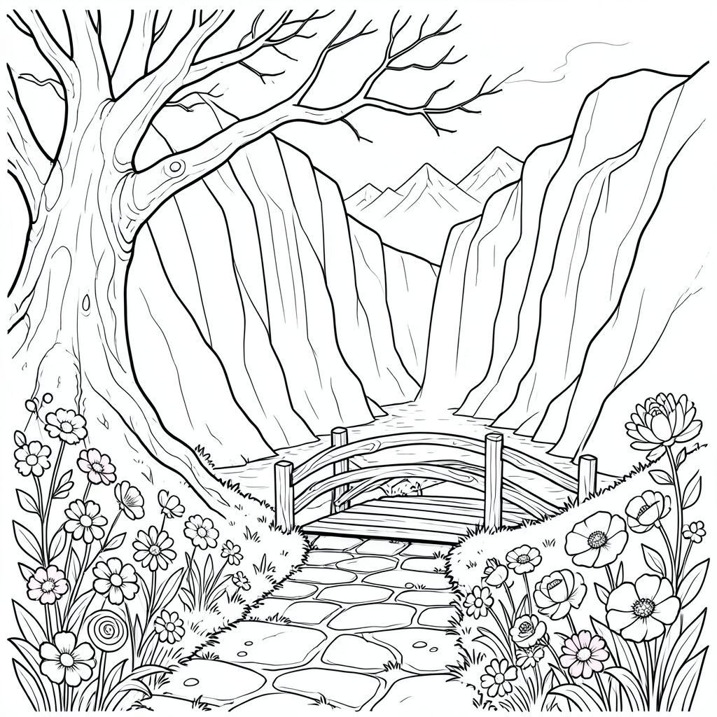Gió thì thầm qua những cành xương của một cái cây khổng lồ. Ánh sáng mặt trời, bị phá vỡ bởi bầu trời mờ mịt, vĩnh viễn, tràn vào một con đường đá phủ đầy rêu. Con đường uốn lượn vào một thung lũng được bao bọc bởi những vách đá hắc thạch cao chót vót, nhẵn nhụi, bề mặt của chúng phản chiếu sự kỳ lạ, . Một thác nước duy nhất, lớn đến mức không tưởng, đổ xuống mặt vách đá, biến mất trong một vũng nước phát sáng với ánh sáng phát quang bên trong. Hoa dại - , , và - nở rộ màu sắc, cánh hoa của chúng mở ra theo hình xoắn ốc chậm rãi, có chủ ý. Không khí có mùi petrichor và một cái gì đó tinh tế, giống như mưa trên bóng bẩy. Một cây cầu gỗ nhỏ, được tạo hình hoàn hảo, được chế tác từ, gỗ xoáy, bắc qua con đường, dẫn đến khung cảnh của những đỉnh núi phủ tuyết ở xa. Một bông hoa anh túc duy nhất, được đặt hoàn hảo, nằm ở trung tâm của cây cầu, cánh hoa của nó hơi rủ xuống. Khung cảnh hoàn toàn tĩnh lặng, thấm nhuần vẻ đẹp sâu sắc, yên tĩnh., tô màu, nghệ thuật đường nét, nền trắng