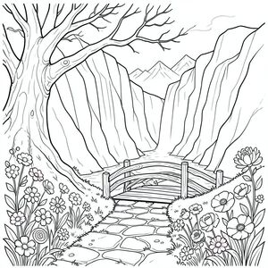 Gió thì thầm qua những cành xương của một cái cây khổng lồ. Ánh sáng mặt trời, bị phá vỡ bởi bầu trời mờ mịt, vĩnh viễn, tràn vào một con đường đá phủ đầy rêu. Con đường uốn lượn vào một thung lũng được bao bọc bởi những vách đá hắc thạch cao chót vót, nhẵn nhụi, bề mặt của chúng phản chiếu sự kỳ lạ, . Một thác nước duy nhất, lớn đến mức không tưởng, đổ xuống mặt vách đá, biến mất trong một vũng nước phát sáng với ánh sáng phát quang bên trong. Hoa dại - , , và - nở rộ màu sắc, cánh hoa của chúng mở ra theo hình xoắn ốc chậm rãi, có chủ ý. Không khí có mùi petrichor và một cái gì đó tinh tế, giống như mưa trên bóng bẩy. Một cây cầu gỗ nhỏ, được tạo hình hoàn hảo, được chế tác từ, gỗ xoáy, bắc qua con đường, dẫn đến khung cảnh của những đỉnh núi phủ tuyết ở xa. Một bông hoa anh túc duy nhất, được đặt hoàn hảo, nằm ở trung tâm của cây cầu, cánh hoa của nó hơi rủ xuống. Khung cảnh hoàn toàn tĩnh lặng, thấm nhuần vẻ đẹp sâu sắc, yên tĩnh., tô màu, nghệ thuật đường nét, nền trắng