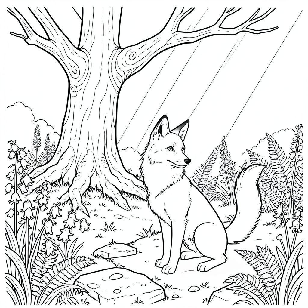 Mặt trời chiếu một quả mơ trên những tảng đá phủ đầy rêu của một cánh đồng bị lãng quên. Một cây sồi đơn lẻ, bị phong hóa, rễ dày và gồ ghề như những ngón tay cổ xưa, thống trị không gian. Ánh sáng mặt trời lọc xuống trong các trục bị gãy, chiếu sáng một tấm thảm chuông xanh phát sáng và dương xỉ mềm như nhung. Không khí nặng nề với mùi hương của đất ẩm ướt và một thứ gì đó khác - một chút mật ong hoang dã và ozone.  Một nhỏ, có hình dạng hoàn hảo, một con cáo sable với bộ lông màu gỗ gụ bóng bẩy, ngồi yên hoàn hảo. Đầu của nó là một cái nêm sắc nhọn, thanh lịch, hơi nghiêng như thể quan sát một cái gì đó ngoài tầm nhìn ngay lập tức. Một cái đuôi dài, duyên dáng, đầu với một mảnh , uốn cong duyên dáng phía sau nó. Đôi mắt của nó là một cái đáng kinh ngạc, thông minh, phản chiếu ánh sáng mặt trời lốm đốm. Bộ lông dày đặc và mịn màng, bắt gặp với ánh sáng lung linh tinh tế. Không có dấu hiệu nào được nhìn thấy - chỉ là một bộ lông hoàn hảo, không tì vết. Đó là một nhân vật đơn độc, hoàn toàn tĩnh lặng và thanh thản., trang màu, nghệ thuật đường nét, nền trắng