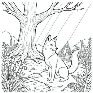 Mặt trời chiếu một quả mơ trên những tảng đá phủ đầy rêu của một cánh đồng bị lãng quên. Một cây sồi đơn lẻ, bị phong hóa, rễ dày và gồ ghề như những ngón tay cổ xưa, thống trị không gian. Ánh sáng mặt trời lọc xuống trong các trục bị gãy, chiếu sáng một tấm thảm chuông xanh phát sáng và dương xỉ mềm như nhung. Không khí nặng nề với mùi hương của đất ẩm ướt và một thứ gì đó khác - một chút mật ong hoang dã và ozone.  Một nhỏ, có hình dạng hoàn hảo, một con cáo sable với bộ lông màu gỗ gụ bóng bẩy, ngồi yên hoàn hảo. Đầu của nó là một cái nêm sắc nhọn, thanh lịch, hơi nghiêng như thể quan sát một cái gì đó ngoài tầm nhìn ngay lập tức. Một cái đuôi dài, duyên dáng, đầu với một mảnh , uốn cong duyên dáng phía sau nó. Đôi mắt của nó là một cái đáng kinh ngạc, thông minh, phản chiếu ánh sáng mặt trời lốm đốm. Bộ lông dày đặc và mịn màng, bắt gặp với ánh sáng lung linh tinh tế. Không có dấu hiệu nào được nhìn thấy - chỉ là một bộ lông hoàn hảo, không tì vết. Đó là một nhân vật đơn độc, hoàn toàn tĩnh lặng và thanh thản., trang màu, nghệ thuật đường nét, nền trắng