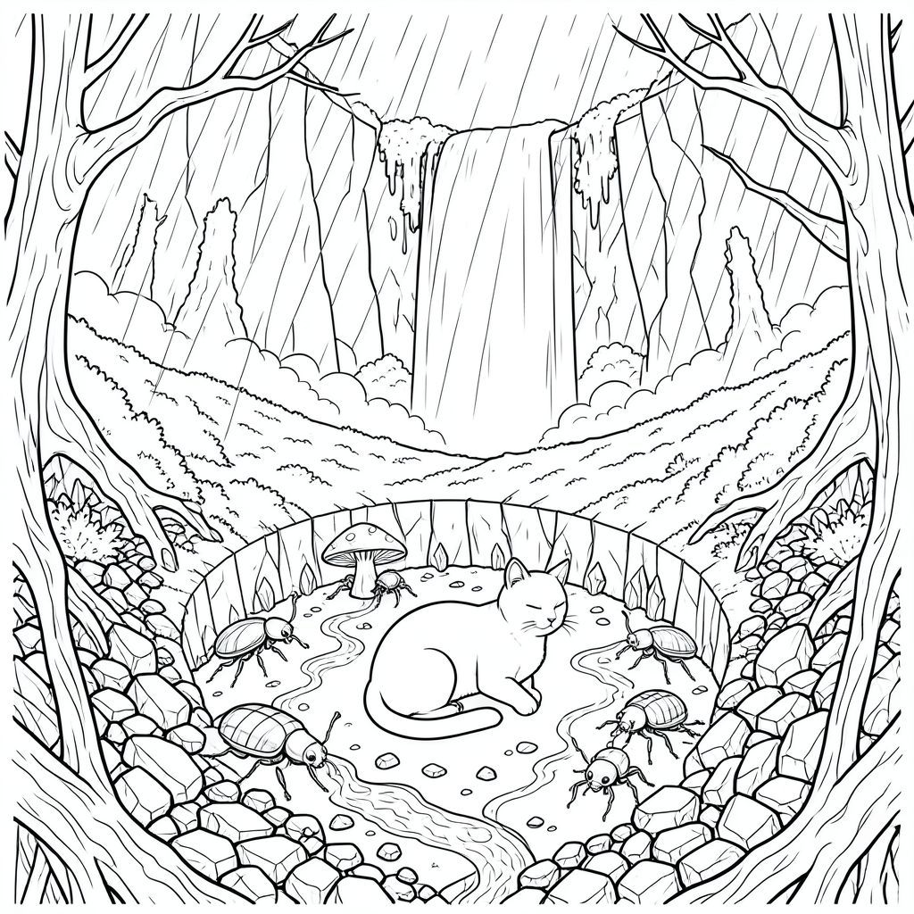 Mưa rơi thành những vệt chậm, nhớt, một vết bầm tím trên các cành xương của một khu rừng hóa đá. Ánh sáng mặt trời, bị nứt nẻ và , xuyên qua thành những mảnh lởm chởm, chiếu sáng một cao nguyên rộng lớn, phủ đầy rêu. Mặt đất là một bức tranh khảm hỗn loạn của các mảnh hắc diện hạc và địa y trơn bóng. Một thác nước khổng lồ duy nhất, nghẹn ngào với nấm phát sáng, đổ xuống một mặt vách đá dựng đứng, biến mất trong một làn sương xoáy bám vào đá.  Bên dưới thác nước, một chỗ lõm hình tròn rộng lớn cho thấy một cảnh quan thu nhỏ, bất khả thi. Đó là một thế giới thu nhỏ, được điêu khắc từ xương và đánh bóng. Những con côn trùng khổng lồ, giống như bọ cánh cứng óng ánh bò trên bề mặt, mai của chúng bắt được . Những con sông nhỏ, trong vắt chạm khắc những con đường xuyên qua cảnh quan, phản chiếu ánh sáng. Một cây nấm hắc thạch duy nhất, được hình thành hoàn hảo, có kích thước bằng một ngôi nhà nhỏ, nằm ở trung tâm, đập với một ánh sáng mờ nhạt bên trong.  Một con mèo trắng duy nhất - một màu trắng hoàn hảo, nguyên sơ - được đặt ở trung tâm của . Nó cuộn tròn, gần như không thể tưởng tượng được, trọng lượng của nó hầu như không thể nhận thấy. Khuôn mặt của nó là một mặt phẳng mịn màng, không tì vết, một tấm bạt trắng phản chiếu mưa. Đuôi dài và thon, hơi cong như thể đang chuyển động nhẹ nhàng, im lặng. Mắt mèo nhắm nghiền, một sự tĩnh lặng tinh tế, kiên định. Nó không di chuyển., trang màu, nghệ thuật đường nét, nền trắng