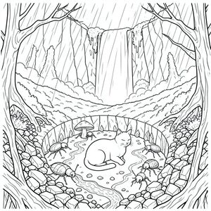 Mưa rơi thành những vệt chậm, nhớt, một vết bầm tím trên các cành xương của một khu rừng hóa đá. Ánh sáng mặt trời, bị nứt nẻ và , xuyên qua thành những mảnh lởm chởm, chiếu sáng một cao nguyên rộng lớn, phủ đầy rêu. Mặt đất là một bức tranh khảm hỗn loạn của các mảnh hắc diện hạc và địa y trơn bóng. Một thác nước khổng lồ duy nhất, nghẹn ngào với nấm phát sáng, đổ xuống một mặt vách đá dựng đứng, biến mất trong một làn sương xoáy bám vào đá.  Bên dưới thác nước, một chỗ lõm hình tròn rộng lớn cho thấy một cảnh quan thu nhỏ, bất khả thi. Đó là một thế giới thu nhỏ, được điêu khắc từ xương và đánh bóng. Những con côn trùng khổng lồ, giống như bọ cánh cứng óng ánh bò trên bề mặt, mai của chúng bắt được . Những con sông nhỏ, trong vắt chạm khắc những con đường xuyên qua cảnh quan, phản chiếu ánh sáng. Một cây nấm hắc thạch duy nhất, được hình thành hoàn hảo, có kích thước bằng một ngôi nhà nhỏ, nằm ở trung tâm, đập với một ánh sáng mờ nhạt bên trong.  Một con mèo trắng duy nhất - một màu trắng hoàn hảo, nguyên sơ - được đặt ở trung tâm của . Nó cuộn tròn, gần như không thể tưởng tượng được, trọng lượng của nó hầu như không thể nhận thấy. Khuôn mặt của nó là một mặt phẳng mịn màng, không tì vết, một tấm bạt trắng phản chiếu mưa. Đuôi dài và thon, hơi cong như thể đang chuyển động nhẹ nhàng, im lặng. Mắt mèo nhắm nghiền, một sự tĩnh lặng tinh tế, kiên định. Nó không di chuyển., trang màu, nghệ thuật đường nét, nền trắng