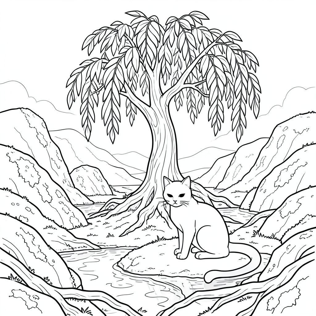 Mặt trời chiếu một quả mơ bầm tím trên một cao nguyên rêu phong liên tục thay đổi. Bên dưới, một thung lũng thở với một hơi thở chậm rãi. Những tảng đá khổng lồ, phủ đầy địa y, được điêu khắc bởi gió hàng thế kỷ, tạo thành một cảnh quan bừa bãi, nhấp nhô. Rễ xoắn, dày như thân người, uốn lượn trên mặt đất, biến mất vào những vũng nước phản chiếu bầu trời. Một cây liễu khổng lồ duy nhất, rủ rũ, cành phủ lá, thống trị trung tâm, rễ của nó là một mạng lưới rối rắm.  Một con mèo duy nhất - một sinh vật có đường nét rõ ràng, thanh lịch - ngồi yên hoàn toàn trên một mảnh đất ấm áp. Bộ lông của nó là một phiến đá bóng, bắt theo một mô hình tinh tế, gần như thôi miên. Đuôi của nó, dài và thon, uốn cong thanh lịch, hơi kéo trên mặt đất. Khuôn mặt của con mèo là một mặt phẳng mịn màng, tối giản, một con mắt hắc thạch duy nhất, thông minh, cố định hướng xuống dưới, quan sát thung lũng với sự tĩnh lặng yên tĩnh, cổ kính. Mũi của con mèo là một điểm sắc nhọn, bóng bẩy, hầu như không nhìn thấy bên dưới bộ lông. Bộ râu của nó dài và mỏng manh, uốn cong gần như không thể nhận thấy. Bàn chân của con mèo được giấu gọn gàng bên dưới cơ thể, gợi lên một sự bình yên sâu sắc, không bị quấy rầy. Khung cảnh được bao quanh bởi một làn sương mù mờ mịt bám vào rêu và đá, làm mờ các cạnh của phong cảnh., trang màu, nghệ thuật đường nét, nền trắng
