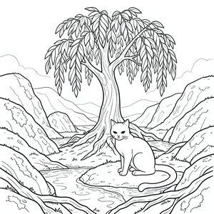 Mặt trời chiếu một quả mơ bầm tím trên một cao nguyên rêu phong liên tục thay đổi. Bên dưới, một thung lũng thở với một hơi thở chậm rãi. Những tảng đá khổng lồ, phủ đầy địa y, được điêu khắc bởi gió hàng thế kỷ, tạo thành một cảnh quan bừa bãi, nhấp nhô. Rễ xoắn, dày như thân người, uốn lượn trên mặt đất, biến mất vào những vũng nước phản chiếu bầu trời. Một cây liễu khổng lồ duy nhất, rủ rũ, cành phủ lá, thống trị trung tâm, rễ của nó là một mạng lưới rối rắm.  Một con mèo duy nhất - một sinh vật có đường nét rõ ràng, thanh lịch - ngồi yên hoàn toàn trên một mảnh đất ấm áp. Bộ lông của nó là một phiến đá bóng, bắt theo một mô hình tinh tế, gần như thôi miên. Đuôi của nó, dài và thon, uốn cong thanh lịch, hơi kéo trên mặt đất. Khuôn mặt của con mèo là một mặt phẳng mịn màng, tối giản, một con mắt hắc thạch duy nhất, thông minh, cố định hướng xuống dưới, quan sát thung lũng với sự tĩnh lặng yên tĩnh, cổ kính. Mũi của con mèo là một điểm sắc nhọn, bóng bẩy, hầu như không nhìn thấy bên dưới bộ lông. Bộ râu của nó dài và mỏng manh, uốn cong gần như không thể nhận thấy. Bàn chân của con mèo được giấu gọn gàng bên dưới cơ thể, gợi lên một sự bình yên sâu sắc, không bị quấy rầy. Khung cảnh được bao quanh bởi một làn sương mù mờ mịt bám vào rêu và đá, làm mờ các cạnh của phong cảnh., trang màu, nghệ thuật đường nét, nền trắng