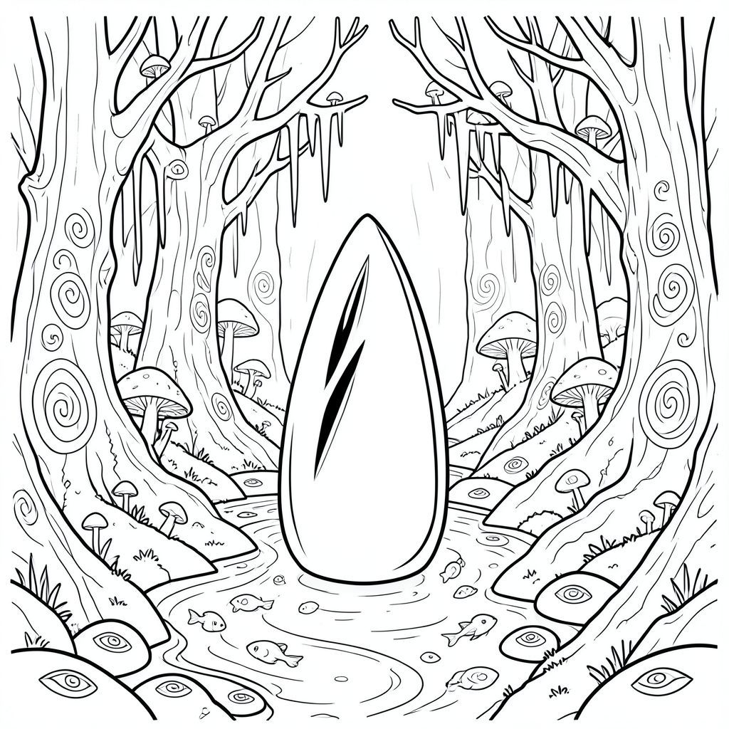 Thợ dệt Obsidian.  Không khí lơ lửng dày đặc với mùi hương của petrichor và một cái gì đó, giống như tia chớp ở xa. Ánh sáng mặt trời, bị phá vỡ bởi bầu trời vĩnh viễn, bầm tím, lốm đốm trên sàn phủ đầy rêu của một hang động khổng lồ. Nước, màu của già nua, nhỏ giọt xuống những bức tường được chạm khắc bằng các hình chữ xoắn ốc. Những cây cao chót vót, xương, cành của chúng phủ đầy nấm phát sáng, thống trị cảnh quan. Chúng không phải là gỗ, mà là hắc thạch được đánh bóng, phản ánh những hoa văn bị thôi miên bị đứt gãy.  Bên dưới những cây xương, một dòng sông thủy ngân lỏng chảy, bề mặt của nó không bị xáo trộn bởi dòng chảy. Những con cá nhỏ, phát quang sinh học, có hình dạng như giọt nước, bay lượn giữa bề mặt thủy ngân. Rải rác trên sàn hang động là những tảng đá nhẵn, mỗi viên được khắc một biểu tượng lặp đi lặp lại duy nhất - một con mắt cách điệu. Một tiếng vo ve trầm, liên tục tràn ngập trong không khí, một rung động cảm thấy nhiều hơn là nghe thấy.  Obsidian Weaver là một mảnh obsidian được đánh bóng duy nhất, được tạo hình hoàn hảo, có kích thước xấp xỉ bàn tay con người. Bề mặt của nó mịn hoàn hảo, phản chiếu với cường độ đáng lo ngại. Một khe duy nhất, đối xứng hoàn hảo mở ra ở một bên, để lộ bóng tối bên trong. Obsidian mát mẻ khi chạm vào, gần như không tự nhiên. Nó không có bất kỳ đặc điểm rõ ràng nào - không có mắt, không miệng, không có phần phụ - chỉ là một bề mặt phản chiếu hoàn hảo. Đuôi, một đường cong mỏng manh, thuôn nhọn, hơi kéo dài phía sau nó, kết thúc bằng một điểm dường như là một vòng xoáy xoắn ốc thu nhỏ. Toàn bộ sinh vật dường như hấp thụ , tạo ra tiếng vang trong hình thức bóng bẩy của nó., trang màu, nghệ thuật đường nét, nền trắng