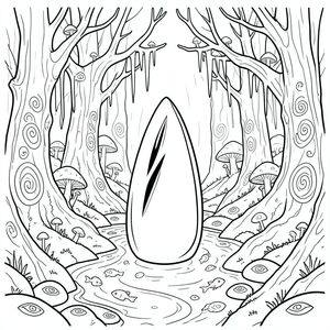 Thợ dệt Obsidian.  Không khí lơ lửng dày đặc với mùi hương của petrichor và một cái gì đó, giống như tia chớp ở xa. Ánh sáng mặt trời, bị phá vỡ bởi bầu trời vĩnh viễn, bầm tím, lốm đốm trên sàn phủ đầy rêu của một hang động khổng lồ. Nước, màu của già nua, nhỏ giọt xuống những bức tường được chạm khắc bằng các hình chữ xoắn ốc. Những cây cao chót vót, xương, cành của chúng phủ đầy nấm phát sáng, thống trị cảnh quan. Chúng không phải là gỗ, mà là hắc thạch được đánh bóng, phản ánh những hoa văn bị thôi miên bị đứt gãy.  Bên dưới những cây xương, một dòng sông thủy ngân lỏng chảy, bề mặt của nó không bị xáo trộn bởi dòng chảy. Những con cá nhỏ, phát quang sinh học, có hình dạng như giọt nước, bay lượn giữa bề mặt thủy ngân. Rải rác trên sàn hang động là những tảng đá nhẵn, mỗi viên được khắc một biểu tượng lặp đi lặp lại duy nhất - một con mắt cách điệu. Một tiếng vo ve trầm, liên tục tràn ngập trong không khí, một rung động cảm thấy nhiều hơn là nghe thấy.  Obsidian Weaver là một mảnh obsidian được đánh bóng duy nhất, được tạo hình hoàn hảo, có kích thước xấp xỉ bàn tay con người. Bề mặt của nó mịn hoàn hảo, phản chiếu với cường độ đáng lo ngại. Một khe duy nhất, đối xứng hoàn hảo mở ra ở một bên, để lộ bóng tối bên trong. Obsidian mát mẻ khi chạm vào, gần như không tự nhiên. Nó không có bất kỳ đặc điểm rõ ràng nào - không có mắt, không miệng, không có phần phụ - chỉ là một bề mặt phản chiếu hoàn hảo. Đuôi, một đường cong mỏng manh, thuôn nhọn, hơi kéo dài phía sau nó, kết thúc bằng một điểm dường như là một vòng xoáy xoắn ốc thu nhỏ. Toàn bộ sinh vật dường như hấp thụ , tạo ra tiếng vang trong hình thức bóng bẩy của nó., trang màu, nghệ thuật đường nét, nền trắng