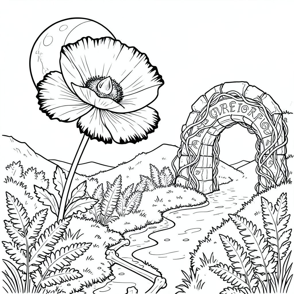 Mặt trăng tràn qua một cánh đồng hóa đá . Một cây anh túc khổng lồ, kích thước bằng một chiếc xe đẩy nhỏ, thống trị cảnh quan. Cánh hoa của nó là một , bầm tím, viền với một , viền obsidian. Bên dưới nó, một con đường phủ đầy rêu, được dệt từ xương bóng bẩy, uốn cong thành một thung lũng nghẹn ngào với những cây dương xỉ rực rỡ. Một giọt sương duy nhất, được hình thành hoàn hảo bám vào trung tâm của cây anh túc, phản chiếu ánh trăng như một thiên hà thu nhỏ. Con đường dẫn đến một cổng vòm bằng đá đổ nát, bị che khuất một phần bởi một mớ dây leo lân quang. Bề mặt của cổng vòm được khắc bằng các hình chữ cổ xưa, xoáy xung với một mờ nhạt, bên trong. Một con sông duy nhất, êm đềm, màu của thủy ngân lỏng, uốn lượn qua thung lũng, bề mặt của nó không bị gió quấy rầy. Bản thân không khí cảm thấy dày đặc với sự tĩnh lặng, chỉ bị phá vỡ bởi tiếng chuông xa xăm của những chiếc chuông vô hình. Hình dạng của cây anh túc được xác định rõ ràng, một quả cầu hoàn hảo, không tì vết, tỏa ra một hơi ấm tinh tế. Nền rộng lớn và đẹp như mơ, một vùng chạng vạng đơn sắc, nhấn mạnh vẻ đẹp đơn độc của cây anh túc., trang màu, nghệ thuật đường nét, nền trắng