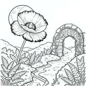 Mặt trăng tràn qua một cánh đồng hóa đá . Một cây anh túc khổng lồ, kích thước bằng một chiếc xe đẩy nhỏ, thống trị cảnh quan. Cánh hoa của nó là một , bầm tím, viền với một , viền obsidian. Bên dưới nó, một con đường phủ đầy rêu, được dệt từ xương bóng bẩy, uốn cong thành một thung lũng nghẹn ngào với những cây dương xỉ rực rỡ. Một giọt sương duy nhất, được hình thành hoàn hảo bám vào trung tâm của cây anh túc, phản chiếu ánh trăng như một thiên hà thu nhỏ. Con đường dẫn đến một cổng vòm bằng đá đổ nát, bị che khuất một phần bởi một mớ dây leo lân quang. Bề mặt của cổng vòm được khắc bằng các hình chữ cổ xưa, xoáy xung với một mờ nhạt, bên trong. Một con sông duy nhất, êm đềm, màu của thủy ngân lỏng, uốn lượn qua thung lũng, bề mặt của nó không bị gió quấy rầy. Bản thân không khí cảm thấy dày đặc với sự tĩnh lặng, chỉ bị phá vỡ bởi tiếng chuông xa xăm của những chiếc chuông vô hình. Hình dạng của cây anh túc được xác định rõ ràng, một quả cầu hoàn hảo, không tì vết, tỏa ra một hơi ấm tinh tế. Nền rộng lớn và đẹp như mơ, một vùng chạng vạng đơn sắc, nhấn mạnh vẻ đẹp đơn độc của cây anh túc., trang màu, nghệ thuật đường nét, nền trắng