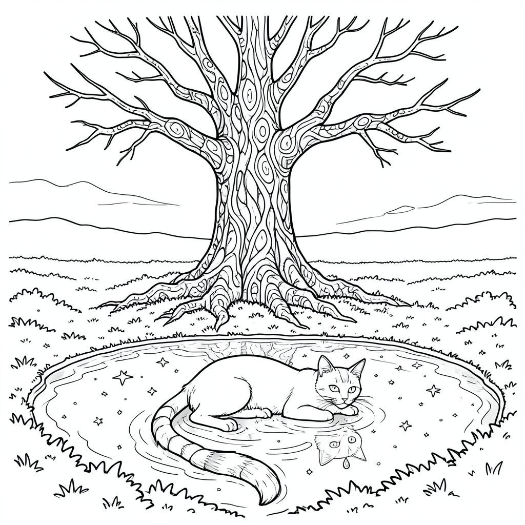 Mặt trời chiếu vào một cánh đồng rêu, trải dài đến một đường chân trời bị mất trong hoàng hôn vĩnh viễn. Một cái cây khổng lồ, có xương, cành của nó vươn tới như những ngón tay đang nắm chặt, thống trị trung tâm. Vỏ của nó là một bức tranh khảm của hắc thạch được đánh bóng và địa y xoáy. Bên dưới nó, một vũng thủy ngân lỏng phản chiếu sự mờ dần, bề mặt của nó với các ngôi sao bị mắc kẹt.

Một con mèo duy nhất, bóng bẩy và thân hình dài không tưởng, nằm ở trung tâm hồ bơi. Đuôi của nó, một chùm dày, phân đoạn, chạy xuống sàn rêu, một gợn sóng nhung trên mặt nước lấp lánh. Đầu của con mèo là một cái nêm hình tam giác hoàn hảo, đôi mắt - biết vũng nước - cố định vào một điểm xa xôi, không thể. Tai của nó có góc cạnh tinh tế, đầu có một màu óng ánh mờ nhạt. Bộ lông là một bộ lông bị tắt tiếng, khói, bắt trong các hoa văn tinh tế, thay đổi. Một giọt sương duy nhất, được hình thành hoàn hảo bám vào chóp mũi, phản chiếu mặt trời sắp tàn., trang màu, nghệ thuật đường nét, nền trắng