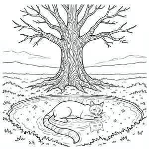 Mặt trời chiếu vào một cánh đồng rêu, trải dài đến một đường chân trời bị mất trong hoàng hôn vĩnh viễn. Một cái cây khổng lồ, có xương, cành của nó vươn tới như những ngón tay đang nắm chặt, thống trị trung tâm. Vỏ của nó là một bức tranh khảm của hắc thạch được đánh bóng và địa y xoáy. Bên dưới nó, một vũng thủy ngân lỏng phản chiếu sự mờ dần, bề mặt của nó với các ngôi sao bị mắc kẹt.

Một con mèo duy nhất, bóng bẩy và thân hình dài không tưởng, nằm ở trung tâm hồ bơi. Đuôi của nó, một chùm dày, phân đoạn, chạy xuống sàn rêu, một gợn sóng nhung trên mặt nước lấp lánh. Đầu của con mèo là một cái nêm hình tam giác hoàn hảo, đôi mắt - biết vũng nước - cố định vào một điểm xa xôi, không thể. Tai của nó có góc cạnh tinh tế, đầu có một màu óng ánh mờ nhạt. Bộ lông là một bộ lông bị tắt tiếng, khói, bắt trong các hoa văn tinh tế, thay đổi. Một giọt sương duy nhất, được hình thành hoàn hảo bám vào chóp mũi, phản chiếu mặt trời sắp tàn., trang màu, nghệ thuật đường nét, nền trắng