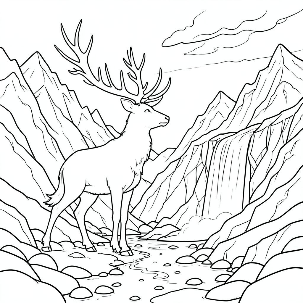 Tuyết chảy vào hoàng hôn, một vết bẩn chậm rãi, nhớt trên các đỉnh núi sương giá của Dãy núi thì thầm. Một con hươu khổng lồ duy nhất, được thể hiện bằng màu trắng tinh khiết nhất, đứng đĩnh đạc trong một thung lũng băng giá. Gạc của nó, dài đến khó tin và phân nhánh như tia chớp đóng băng, quét qua cảnh quan, chiếu sáng một bức tranh toàn cảnh lởm chởm, - đá. Đầu của con hươu là một quả cầu hoàn hảo, không tì vết, một khoảng trống màu trắng phản chiếu sự mờ dần. Đuôi của nó, một chùm màu trắng tinh khiết thuôn nhọn, vươn ra phía sau, biến mất trong một làn sương xoáy bám vào những sườn núi cao nhất. Đáy thung lũng rải rác những tảng đá nhẵn, được đánh bóng bởi gió và tuyết hàng thế kỷ. Một thác nước duy nhất, lớn không tưởng, đổ xuống sườn núi, nước của nó là , . Phía trên, một bầu trời bầm tím gợi ý về một cơn bão đang đến gần, nhưng con hươu đực vẫn hoàn toàn đứng yên, một tượng đài cho sự hùng vĩ cổ xưa, im lặng., trang màu, nghệ thuật đường nét, nền trắng