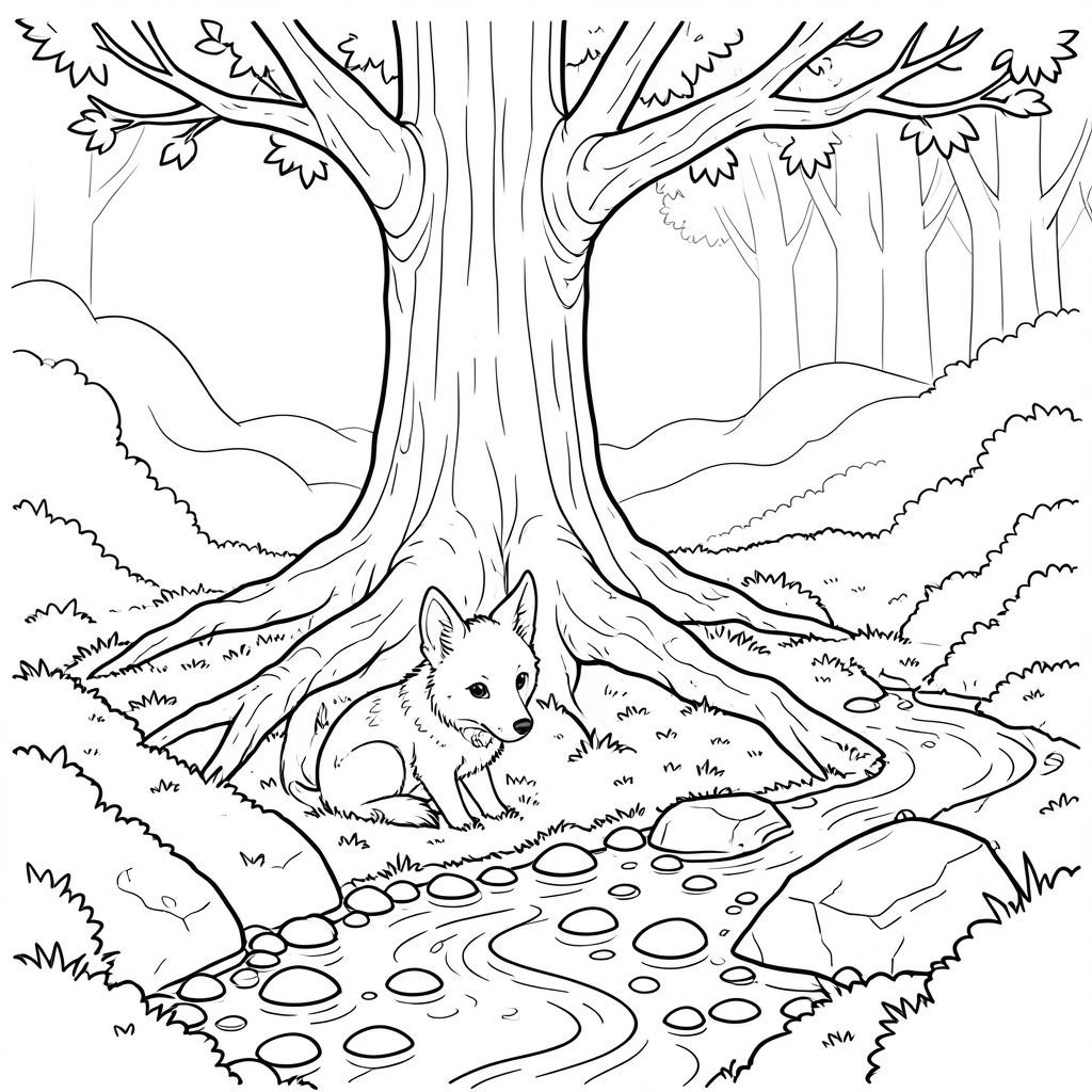 Mặt trời chiếu một quả mơ qua những tảng đá phủ đầy rêu của một cánh đồng bị lãng quên. Một cây sồi cổ thụ duy nhất, vỏ của nó có màu của những quả mận bầm tím, thống trị cảnh quan. Rễ của nó, dày như thân của một người đàn ông, cào vào đất, biến mất trong một tấm thảm rêu mượt mà. Một dòng suối nhỏ, uốn lượn, màu bóng bẩy, tràn trên những viên sỏi mịn. Không khí nặng nề với mùi đất ẩm ướt và cây kim ngân hoang dã.

Một nhỏ, trắng như tuyết, có kích thước gần bằng một con cáo, ngồi nép mình bên dưới những rễ cây sồi trải dài. Bộ lông của nó có màu trắng nguyên sơ, gần như rực rỡ, bắt được những hoa văn xoáy tinh tế. Đuôi của nó, dài và hơi cong, kéo dài phía sau nó như một dải ruy băng ánh trăng. Tai của nó, nhỏ và nhọn, được gập xuống, gợi ý một sự tĩnh lặng, cảnh giác. Một chiếc mũi nhung duy nhất được ép vào mặt đất ẩm ướt và mát mẻ. Ánh mắt của dán chặt vào một làn sương xoáy xa xôi che khuất bìa rừng., trang màu, nghệ thuật đường nét, nền trắng