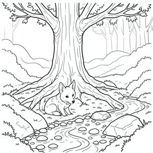 Mặt trời chiếu một quả mơ qua những tảng đá phủ đầy rêu của một cánh đồng bị lãng quên. Một cây sồi cổ thụ duy nhất, vỏ của nó có màu của những quả mận bầm tím, thống trị cảnh quan. Rễ của nó, dày như thân của một người đàn ông, cào vào đất, biến mất trong một tấm thảm rêu mượt mà. Một dòng suối nhỏ, uốn lượn, màu bóng bẩy, tràn trên những viên sỏi mịn. Không khí nặng nề với mùi đất ẩm ướt và cây kim ngân hoang dã.

Một nhỏ, trắng như tuyết, có kích thước gần bằng một con cáo, ngồi nép mình bên dưới những rễ cây sồi trải dài. Bộ lông của nó có màu trắng nguyên sơ, gần như rực rỡ, bắt được những hoa văn xoáy tinh tế. Đuôi của nó, dài và hơi cong, kéo dài phía sau nó như một dải ruy băng ánh trăng. Tai của nó, nhỏ và nhọn, được gập xuống, gợi ý một sự tĩnh lặng, cảnh giác. Một chiếc mũi nhung duy nhất được ép vào mặt đất ẩm ướt và mát mẻ. Ánh mắt của dán chặt vào một làn sương xoáy xa xôi che khuất bìa rừng., trang màu, nghệ thuật đường nét, nền trắng