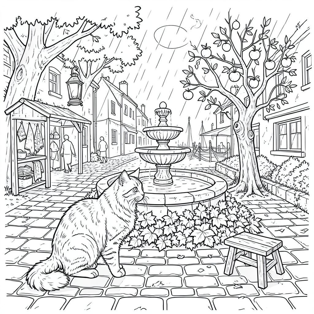 Mưa rơi theo nhịp điệu chậm rãi, có chủ ý, lướt qua những viên đá cuội của Quảng trường Chợ Cũ. Đó là cuối mùa thu, không khí dày đặc với mùi khói củi và đất ẩm. Một hoàng hôn vĩnh viễn treo lơ lửng, mặt trời hầu như không thể nhìn thấy qua tán cây sồi cổ thụ rậm rạp dọc quảng trường. Những viên đá bị mòn nhẵn bởi hàng thế kỷ qua lại, và rêu bám vào mọi bề mặt, một lớp nhung dựa vào đá. Một chiếc đèn lồng sắt rỉ sét duy nhất chiếu sáng một quầy hàng nhỏ, lộn xộn bán những chiếc khăn khâu tay.

Một đài phun nước bằng đá bị phong hóa nằm ở trung tâm của quảng trường, nước của nó liên tục tù đọng, phản chiếu sự im lặng. Ở phía đông, một con hẻm hẹp dẫn về phía bến tàu, âm thanh của mái chèo từ xa và giọng nói bị bóp nghẹt hầu như không thể nghe thấy. Ở phía tây, một khu vườn nhỏ, mọc um tùm giáp với quảng trường, đường viền của nó cố tình thấp, cho phép xâm nhập. Một cây táo duy nhất, gồ ghề đứng gần đài phun nước, cành của nó đầy quả bầm tím.

Bên dưới đài phun nước, bị che khuất một phần bởi một mớ cây thường xuân, là một chiếc ghế gỗ bị bỏ đi. Đó là một mảnh đơn giản, - mảnh, bị nhuốm màu bởi tuổi tác và ẩm ướt. Một đồng xu nhỏ, bị xỉn màu được đặt trên ghế. 

Con mèo được đặt ở vị trí hơi bên trái của đài phun nước, quay lưng về phía người xem. Đó là một sinh vật to lớn, mảnh mai, có kích thước gần bằng một con Maine Coon. Bộ lông của nó là một , gần như , với những sọc tinh tế của ánh sáng lấp lánh trong bóng mờ . Đôi mắt là một sự giật mình, mãnh liệt , đặt trong khuôn mặt của một con mèo. Đuôi dài và dày, thuôn nhọn đến một điểm, và hơi cong lại, như thể liên tục tìm kiếm trên mặt đất. Đó là một sinh vật quan sát lặng lẽ, ánh mắt của nó không lay chuyển. Đường cong tinh tế của cột sống cho thấy một sự căng thẳng nhẹ, một sự thay đổi trọng lượng hầu như không thể nhận thấy. Bộ lông dày đặc, hơi xù và sở hữu kết cấu tinh tế, mượt như nhung. Có một vết lõm nhẹ trên trán của nó, một đường nét tinh tế chạy từ khóe mắt đến ngay phía trên mũi.

Tập trung vào hình dạng kỳ dị của con mèo, bản chất của nó. 

---

[HÌNH ẢNH: Một con mèo. Con mèo được đặt ở vị trí hơi bên trái của đài phun nước, quay lưng về phía người xem. Đôi mắt của nó là một sự giật mình, mãnh liệt . Đuôi dài và dày, hơi cong lại. Bộ lông dày đặc, hơi xù và sở hữu kết cấu tinh tế, mượt như nhung. Ánh mắt của con mèo không lay chuyển. Nền là một kết xuất hơi mờ, ấn tượng của Quảng trường Chợ Cũ, nhấn mạnh mưa và sự im lặng.], trang màu, nghệ thuật đường nét, nền trắng