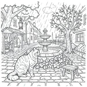 Mưa rơi theo nhịp điệu chậm rãi, có chủ ý, lướt qua những viên đá cuội của Quảng trường Chợ Cũ. Đó là cuối mùa thu, không khí dày đặc với mùi khói củi và đất ẩm. Một hoàng hôn vĩnh viễn treo lơ lửng, mặt trời hầu như không thể nhìn thấy qua tán cây sồi cổ thụ rậm rạp dọc quảng trường. Những viên đá bị mòn nhẵn bởi hàng thế kỷ qua lại, và rêu bám vào mọi bề mặt, một lớp nhung dựa vào đá. Một chiếc đèn lồng sắt rỉ sét duy nhất chiếu sáng một quầy hàng nhỏ, lộn xộn bán những chiếc khăn khâu tay.

Một đài phun nước bằng đá bị phong hóa nằm ở trung tâm của quảng trường, nước của nó liên tục tù đọng, phản chiếu sự im lặng. Ở phía đông, một con hẻm hẹp dẫn về phía bến tàu, âm thanh của mái chèo từ xa và giọng nói bị bóp nghẹt hầu như không thể nghe thấy. Ở phía tây, một khu vườn nhỏ, mọc um tùm giáp với quảng trường, đường viền của nó cố tình thấp, cho phép xâm nhập. Một cây táo duy nhất, gồ ghề đứng gần đài phun nước, cành của nó đầy quả bầm tím.

Bên dưới đài phun nước, bị che khuất một phần bởi một mớ cây thường xuân, là một chiếc ghế gỗ bị bỏ đi. Đó là một mảnh đơn giản, - mảnh, bị nhuốm màu bởi tuổi tác và ẩm ướt. Một đồng xu nhỏ, bị xỉn màu được đặt trên ghế. 

Con mèo được đặt ở vị trí hơi bên trái của đài phun nước, quay lưng về phía người xem. Đó là một sinh vật to lớn, mảnh mai, có kích thước gần bằng một con Maine Coon. Bộ lông của nó là một , gần như , với những sọc tinh tế của ánh sáng lấp lánh trong bóng mờ . Đôi mắt là một sự giật mình, mãnh liệt , đặt trong khuôn mặt của một con mèo. Đuôi dài và dày, thuôn nhọn đến một điểm, và hơi cong lại, như thể liên tục tìm kiếm trên mặt đất. Đó là một sinh vật quan sát lặng lẽ, ánh mắt của nó không lay chuyển. Đường cong tinh tế của cột sống cho thấy một sự căng thẳng nhẹ, một sự thay đổi trọng lượng hầu như không thể nhận thấy. Bộ lông dày đặc, hơi xù và sở hữu kết cấu tinh tế, mượt như nhung. Có một vết lõm nhẹ trên trán của nó, một đường nét tinh tế chạy từ khóe mắt đến ngay phía trên mũi.

Tập trung vào hình dạng kỳ dị của con mèo, bản chất của nó. 

---

[HÌNH ẢNH: Một con mèo. Con mèo được đặt ở vị trí hơi bên trái của đài phun nước, quay lưng về phía người xem. Đôi mắt của nó là một sự giật mình, mãnh liệt . Đuôi dài và dày, hơi cong lại. Bộ lông dày đặc, hơi xù và sở hữu kết cấu tinh tế, mượt như nhung. Ánh mắt của con mèo không lay chuyển. Nền là một kết xuất hơi mờ, ấn tượng của Quảng trường Chợ Cũ, nhấn mạnh mưa và sự im lặng.], trang màu, nghệ thuật đường nét, nền trắng