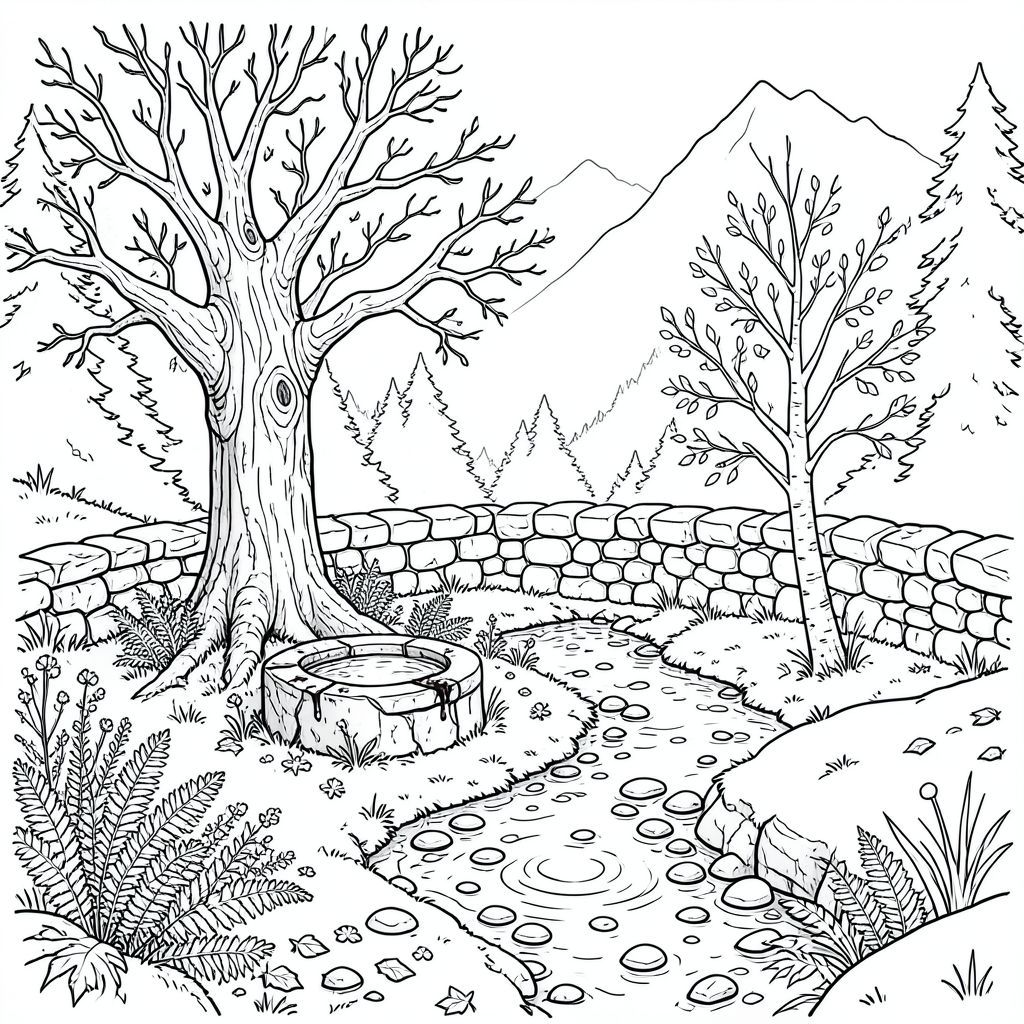 Tuyết chảy máu một vết bầm tím trên đáy thung lũng, một đợt rửa chậm rãi, có chủ ý sâu hơn khi hoàng hôn sắp đến. Một cây sồi cổ thụ duy nhất, vỏ của nó có lốm đốm -, đứng canh gác ở rìa của một con đường hẹp, phủ đầy rêu. Bản thân con đường bị nghẹt thở bởi những cây dương xỉ giòn và những bông hoa dại nhỏ. Một dòng suối, nghẹn ngào bởi những tảng đá mịn, uốn lượn qua thung lũng, phản chiếu sự mờ nhạt của mặt trời lặn. Không khí nặng nề với mùi đất ẩm và thông.

Bên dưới cây sồi, một khoảng trống nhỏ, hình tròn để lộ một giếng đá duy nhất, bị phong hóa, đá của nó trơn bóng vì độ ẩm. Một mảng đá sông nhẵn nằm ẩm ướt trên mặt đất, một phần bị che khuất bởi một tấm thảm dày của lá rụng. Một cây bạch dương còi cọc, lá của nó , gần như trong mờ, hơi nghiêng về phía dòng suối. Bắt một gợn sóng tinh tế trong nước, tạo ra một làn sóng thu nhỏ, phù du. Khung cảnh được bao quanh bởi một bức tường đá granit thấp, đổ nát, gần như hoàn toàn bị nuốt chửng bởi khu rừng lấn chiếm. Một làn sương mờ nhạt bám vào điểm cao nhất của sườn núi, nuốt chửng những đỉnh núi xa xôi của dãy núi Sống lưng Rắn., trang màu, nghệ thuật đường nét, nền trắng