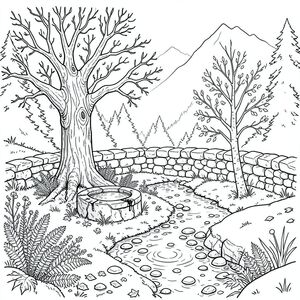 Tuyết chảy máu một vết bầm tím trên đáy thung lũng, một đợt rửa chậm rãi, có chủ ý sâu hơn khi hoàng hôn sắp đến. Một cây sồi cổ thụ duy nhất, vỏ của nó có lốm đốm -, đứng canh gác ở rìa của một con đường hẹp, phủ đầy rêu. Bản thân con đường bị nghẹt thở bởi những cây dương xỉ giòn và những bông hoa dại nhỏ. Một dòng suối, nghẹn ngào bởi những tảng đá mịn, uốn lượn qua thung lũng, phản chiếu sự mờ nhạt của mặt trời lặn. Không khí nặng nề với mùi đất ẩm và thông.

Bên dưới cây sồi, một khoảng trống nhỏ, hình tròn để lộ một giếng đá duy nhất, bị phong hóa, đá của nó trơn bóng vì độ ẩm. Một mảng đá sông nhẵn nằm ẩm ướt trên mặt đất, một phần bị che khuất bởi một tấm thảm dày của lá rụng. Một cây bạch dương còi cọc, lá của nó , gần như trong mờ, hơi nghiêng về phía dòng suối. Bắt một gợn sóng tinh tế trong nước, tạo ra một làn sóng thu nhỏ, phù du. Khung cảnh được bao quanh bởi một bức tường đá granit thấp, đổ nát, gần như hoàn toàn bị nuốt chửng bởi khu rừng lấn chiếm. Một làn sương mờ nhạt bám vào điểm cao nhất của sườn núi, nuốt chửng những đỉnh núi xa xôi của dãy núi Sống lưng Rắn., trang màu, nghệ thuật đường nét, nền trắng