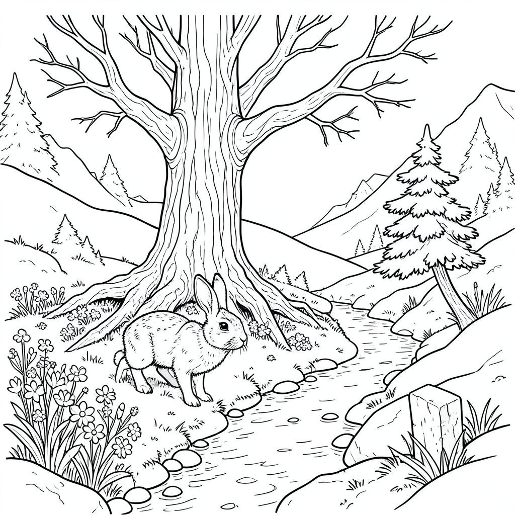 Tuyết chảy vào đá granit, một sự rửa chậm rãi, có chủ ý trên đáy thung lũng. Một cây sồi cổ thụ duy nhất, rễ dày và gồ ghề như xương của một người khổng lồ đang ngủ, thống trị trung tâm của cảnh quan. Nó già đến mức không tưởng, vỏ cây lốm đốm -, khắc những vết nứt dường như vạch ra một lịch sử lâu đời hơn các đỉnh núi xung quanh. Mặt đất bên dưới cây sồi là một tấm thảm rêu, giòn và năng suất, xen kẽ với những cụm hoa dại đầy tuyết - những bông hoa quên tôi và hoa loa kèn cáo mỏng manh. Một dòng suối hẹp, uốn lượn, lạnh như băng và bóng râm vĩnh viễn, cắt ngang thung lũng, bề mặt của nó phản chiếu bầu trời im lặng. Bờ suối được lót bằng đá nhẵn, mịn màng bởi dòng chảy không ngừng hàng thế kỷ. Một cây thông còi cọc duy nhất, kim của nó là , gần như , nghiêng về phía mặt nước, tạo ra một sự tương phản hoàn toàn với cảnh quan xung quanh. Yếu và khuếch tán, tạo ra những bóng dài, xương trên cảnh. Một điểm đánh dấu bằng đá nhỏ, bị phong hóa, gần như bị rêu nuốt chửng, đánh dấu rìa của một con đường hầu như không thể nhận ra dẫn vào khu rừng sâu hơn. Ấn tượng tổng thể là một trong những sự cô đơn sâu sắc, yên tĩnh, một nơi mà thời gian dường như chậm lại để bò. 

---

Một con thỏ tuyết đơn độc, có kích thước gần bằng một con cáo, đứng gần gốc cây sồi cổ đại. Bộ lông của nó là đồng nhất, , gần giống như màu của tuyết mới rơi. Chân của nó dài và mảnh mai, kết thúc bằng bàn chân trắng cùn, mỗi chân có móng vuốt hắc thạch sắc nhọn đáng ngạc nhiên. Tai của thỏ rừng dài và nhọn, gần như hình tam giác, và được bao phủ bởi một bộ lông thưa thớt, mượt như nhung. Đôi mắt của nó là một sự giật mình, mãnh liệt , phản chiếu ánh sáng mặt trời yếu ớt với cường độ sắc nét, kiên định. Đuôi của thỏ rừng dài và rậm rạp, một , thuôn nhọn đến một điểm. Nó được đặt thấp so với mặt đất, gần như cúi xuống, như thể dự đoán chuyển động. Mũi của nó nhỏ, và miệng hơi mở, để lộ một sự co giật tinh tế, gần như không thể nhận thấy, của môi. Ánh mắt của thỏ rừng dán chặt vào một điểm ngay bên ngoài rìa rễ cây sồi, một sự thay đổi tinh tế trong tư thế của nó cho thấy sự cảnh giác thận trọng. Có một sự sụp đổ nhẹ, gần như không thể nhận thấy trên vai của nó, như thể bị gánh nặng bởi một sức nặng vô hình. Tuyết bám vào bộ lông của nó, tạo ra một hoa văn xoáy tinh tế.

---, trang màu, nghệ thuật đường nét, nền trắng