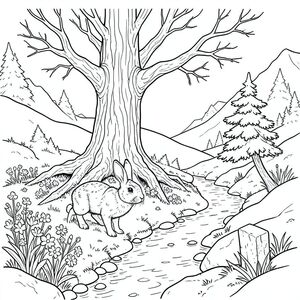 Tuyết chảy vào đá granit, một sự rửa chậm rãi, có chủ ý trên đáy thung lũng. Một cây sồi cổ thụ duy nhất, rễ dày và gồ ghề như xương của một người khổng lồ đang ngủ, thống trị trung tâm của cảnh quan. Nó già đến mức không tưởng, vỏ cây lốm đốm -, khắc những vết nứt dường như vạch ra một lịch sử lâu đời hơn các đỉnh núi xung quanh. Mặt đất bên dưới cây sồi là một tấm thảm rêu, giòn và năng suất, xen kẽ với những cụm hoa dại đầy tuyết - những bông hoa quên tôi và hoa loa kèn cáo mỏng manh. Một dòng suối hẹp, uốn lượn, lạnh như băng và bóng râm vĩnh viễn, cắt ngang thung lũng, bề mặt của nó phản chiếu bầu trời im lặng. Bờ suối được lót bằng đá nhẵn, mịn màng bởi dòng chảy không ngừng hàng thế kỷ. Một cây thông còi cọc duy nhất, kim của nó là , gần như , nghiêng về phía mặt nước, tạo ra một sự tương phản hoàn toàn với cảnh quan xung quanh. Yếu và khuếch tán, tạo ra những bóng dài, xương trên cảnh. Một điểm đánh dấu bằng đá nhỏ, bị phong hóa, gần như bị rêu nuốt chửng, đánh dấu rìa của một con đường hầu như không thể nhận ra dẫn vào khu rừng sâu hơn. Ấn tượng tổng thể là một trong những sự cô đơn sâu sắc, yên tĩnh, một nơi mà thời gian dường như chậm lại để bò. 

---

Một con thỏ tuyết đơn độc, có kích thước gần bằng một con cáo, đứng gần gốc cây sồi cổ đại. Bộ lông của nó là đồng nhất, , gần giống như màu của tuyết mới rơi. Chân của nó dài và mảnh mai, kết thúc bằng bàn chân trắng cùn, mỗi chân có móng vuốt hắc thạch sắc nhọn đáng ngạc nhiên. Tai của thỏ rừng dài và nhọn, gần như hình tam giác, và được bao phủ bởi một bộ lông thưa thớt, mượt như nhung. Đôi mắt của nó là một sự giật mình, mãnh liệt , phản chiếu ánh sáng mặt trời yếu ớt với cường độ sắc nét, kiên định. Đuôi của thỏ rừng dài và rậm rạp, một , thuôn nhọn đến một điểm. Nó được đặt thấp so với mặt đất, gần như cúi xuống, như thể dự đoán chuyển động. Mũi của nó nhỏ, và miệng hơi mở, để lộ một sự co giật tinh tế, gần như không thể nhận thấy, của môi. Ánh mắt của thỏ rừng dán chặt vào một điểm ngay bên ngoài rìa rễ cây sồi, một sự thay đổi tinh tế trong tư thế của nó cho thấy sự cảnh giác thận trọng. Có một sự sụp đổ nhẹ, gần như không thể nhận thấy trên vai của nó, như thể bị gánh nặng bởi một sức nặng vô hình. Tuyết bám vào bộ lông của nó, tạo ra một hoa văn xoáy tinh tế.

---, trang màu, nghệ thuật đường nét, nền trắng