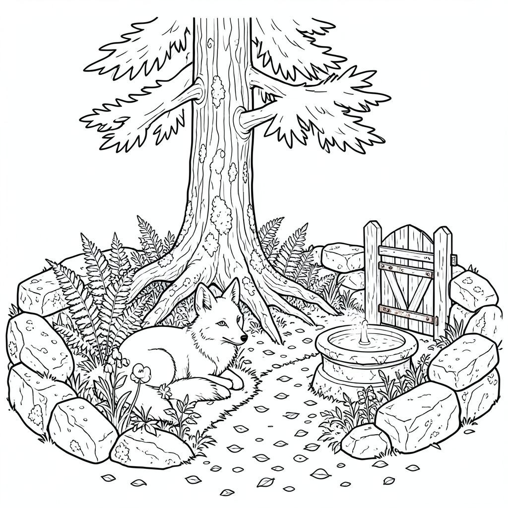 Tuyết chảy máu một vết bầm tím trên đáy thung lũng, một vết bẩn chậm rãi, có chủ ý. Một cây thông gồ ghề duy nhất, già hơn bản đồ lâu đời nhất, thống trị trung tâm của một bãi đất trống nhỏ, có mái che. Vỏ của nó có rãnh sâu, một bức tranh khảm địa y có sắc thái và đất son. Bên dưới những rễ cây thông ngổn ngang, một khu vườn thu nhỏ, hoàn hảo không thể tưởng tượng được phát triển mạnh mẽ - một cuộc bạo loạn của dương xỉ lá, những quả chuông xanh mỏng manh và một cây anh túc duy nhất, không thể tưởng tượng được, cánh hoa của nó có màu của quả trứng chim đỏ. Một đài phun nước đá nhỏ, phủ đầy rêu nằm ở rìa của bãi đất trống, nước của nó vĩnh viễn đóng băng, phản chiếu sự im lặng. Không khí nặng nề với mùi đất ẩm ướt và lá thông. Một con đường hẹp, quanh co, hầu như không thể nhìn thấy bên dưới tấm thảm lá rụng, dẫn đến một cánh cổng gỗ bị phong hóa, bản lề của nó bị rỉ sét và di chuyển chậm. Toàn bộ khung cảnh được đóng khung bởi một cụm đá có tuổi đời tương tự, phủ đầy rêu, bề mặt của chúng trơn bóng vì độ ẩm. Mềm mại, khuếch tán và im lặng một cách kỳ lạ.

Một con cáo trắng như tuyết, có kích thước xấp xỉ một lớn, đang nép mình giữa những cây dương xỉ, tư thế của nó cố tình thả lỏng, hơi nghiêng đầu gợi ý một sự quan sát cẩn thận. Bộ lông của nó là một , gần như phát sáng, hòa quyện hoàn hảo với sàn rừng. Đôi mắt của nó là một sự giật mình, thông minh , phản ánh sự mờ nhạt với một cường độ yên tĩnh. Nó không di chuyển, không dịch chuyển, đơn giản là . Đuôi cáo dài và cong thanh lịch, một bộ lông mượt như nhung hơi vuốt sang bên phải., trang màu, nghệ thuật đường nét, nền trắng