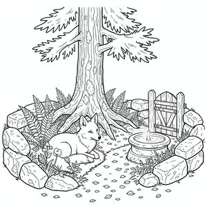 Tuyết chảy máu một vết bầm tím trên đáy thung lũng, một vết bẩn chậm rãi, có chủ ý. Một cây thông gồ ghề duy nhất, già hơn bản đồ lâu đời nhất, thống trị trung tâm của một bãi đất trống nhỏ, có mái che. Vỏ của nó có rãnh sâu, một bức tranh khảm địa y có sắc thái và đất son. Bên dưới những rễ cây thông ngổn ngang, một khu vườn thu nhỏ, hoàn hảo không thể tưởng tượng được phát triển mạnh mẽ - một cuộc bạo loạn của dương xỉ lá, những quả chuông xanh mỏng manh và một cây anh túc duy nhất, không thể tưởng tượng được, cánh hoa của nó có màu của quả trứng chim đỏ. Một đài phun nước đá nhỏ, phủ đầy rêu nằm ở rìa của bãi đất trống, nước của nó vĩnh viễn đóng băng, phản chiếu sự im lặng. Không khí nặng nề với mùi đất ẩm ướt và lá thông. Một con đường hẹp, quanh co, hầu như không thể nhìn thấy bên dưới tấm thảm lá rụng, dẫn đến một cánh cổng gỗ bị phong hóa, bản lề của nó bị rỉ sét và di chuyển chậm. Toàn bộ khung cảnh được đóng khung bởi một cụm đá có tuổi đời tương tự, phủ đầy rêu, bề mặt của chúng trơn bóng vì độ ẩm. Mềm mại, khuếch tán và im lặng một cách kỳ lạ.

Một con cáo trắng như tuyết, có kích thước xấp xỉ một lớn, đang nép mình giữa những cây dương xỉ, tư thế của nó cố tình thả lỏng, hơi nghiêng đầu gợi ý một sự quan sát cẩn thận. Bộ lông của nó là một , gần như phát sáng, hòa quyện hoàn hảo với sàn rừng. Đôi mắt của nó là một sự giật mình, thông minh , phản ánh sự mờ nhạt với một cường độ yên tĩnh. Nó không di chuyển, không dịch chuyển, đơn giản là . Đuôi cáo dài và cong thanh lịch, một bộ lông mượt như nhung hơi vuốt sang bên phải., trang màu, nghệ thuật đường nét, nền trắng