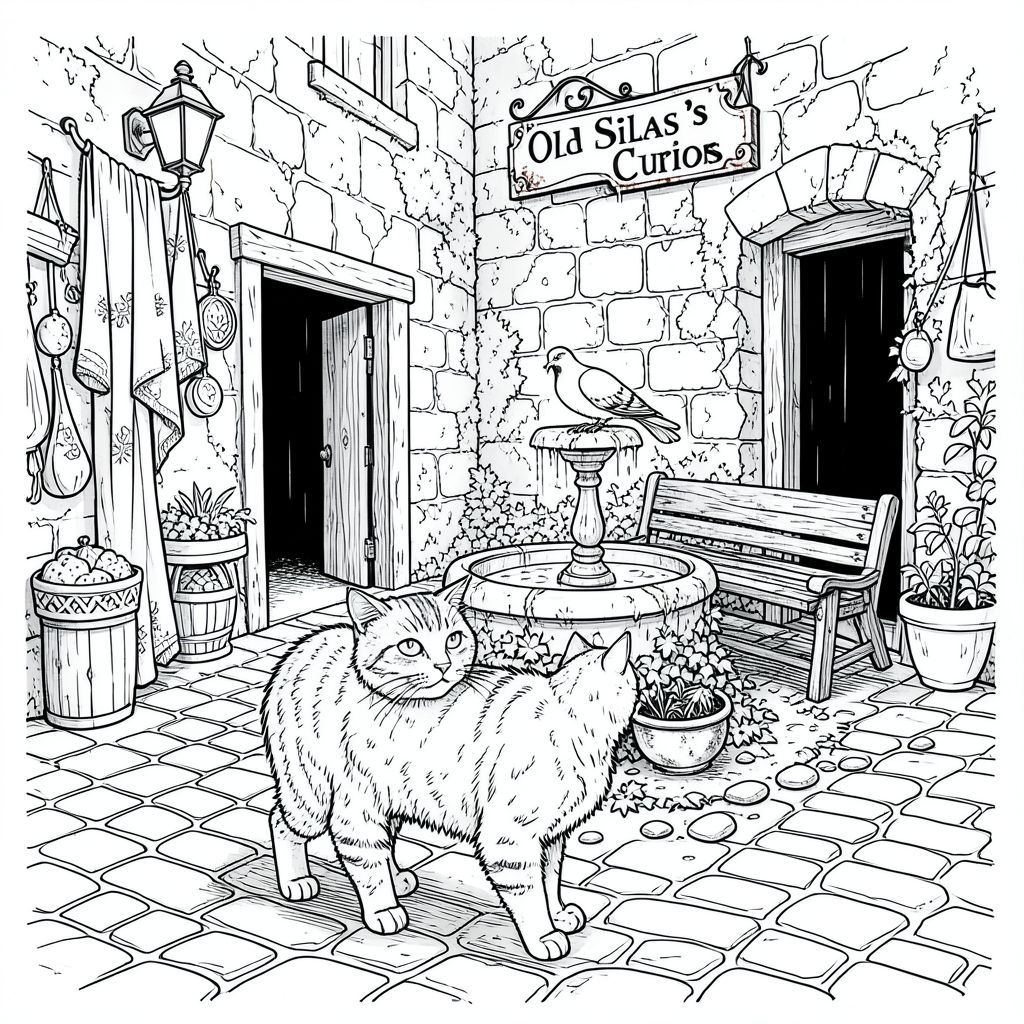 Mưa đánh bóng những viên đá cuội của Khu phố Thương gia của Silverhaven, phản chiếu ánh sáng bệnh hoạn của đèn gas trong một bức tranh khảm méo mó. Một sự ẩm ướt vĩnh viễn bám vào đá, và không khí có mùi khói than và nước muối. Con phố hẹp, ngột ngạt với những quầy hàng tràn ngập lụa, gia vị và đồ trang sức có hình dạng kỳ lạ. Một ô cửa duy nhất, luôn bị che khuất dẫn vào một con hẻm hẹp, gỗ của nó bị cong vênh và ố vàng. Một tấm biển sắt rèn rỉ sét ở trên có nội dung "Đồ cổ của Silas già".

Một đài phun nước nhỏ, phủ đầy rêu nằm ở trung tâm quảng trường, nước của nó luôn đọng lại. Một chiếc ghế gỗ phong hóa nằm bên dưới, một phần bị che khuất bởi một mớ cây thường xuân. Một con chim bồ câu duy nhất, rực rỡ đậu bấp bênh trên mép đài phun nước, lông của nó xù lông vì gió. Bên dưới băng ghế, một cái bát bị vứt bỏ, xỉn màu chứa một chiếc bát khô.

Một bức tường đá bị phong hóa, gần như hoàn toàn được bao phủ bởi địa y, tạo thành phông nền cho đường phố. Nó bị sụp đổ một phần ở nhiều nơi, để lộ thoáng qua bóng tối bên trong. Một lối đi hẹp, bóng tối dẫn về phía đông, biến mất trong bóng tối. Một rải rác những viên đá nhỏ, nhẵn được sắp xếp bừa bãi dọc theo chân tường.

Con mèo được đặt ngay trước đài phun nước, trọng lượng của nó được dịch chuyển một cách tinh tế, gợi lên một khoảnh khắc trầm ngâm. Đó là một con mướp lớn, lông của nó hơi mờ và phủ một lớp bụi mịn. Đuôi của nó dài và thuôn nhọn, hơi cong xuống dưới. Tai của nó nhọn và giữ thấp, gần như hòa vào bộ lông của nó. Đôi mắt của nó là một sự giật mình, mãnh liệt , cố định một chút về bên trái của khung hình. Tư thế của mèo thoải mái, gần như uể oải, như thể đang quan sát thế giới mà không có sự tham gia., tô màu, nghệ thuật đường nét, nền trắng