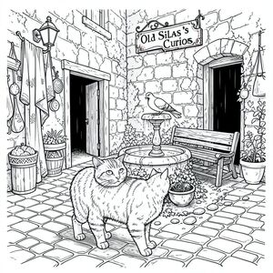 Mưa đánh bóng những viên đá cuội của Khu phố Thương gia của Silverhaven, phản chiếu ánh sáng bệnh hoạn của đèn gas trong một bức tranh khảm méo mó. Một sự ẩm ướt vĩnh viễn bám vào đá, và không khí có mùi khói than và nước muối. Con phố hẹp, ngột ngạt với những quầy hàng tràn ngập lụa, gia vị và đồ trang sức có hình dạng kỳ lạ. Một ô cửa duy nhất, luôn bị che khuất dẫn vào một con hẻm hẹp, gỗ của nó bị cong vênh và ố vàng. Một tấm biển sắt rèn rỉ sét ở trên có nội dung "Đồ cổ của Silas già".

Một đài phun nước nhỏ, phủ đầy rêu nằm ở trung tâm quảng trường, nước của nó luôn đọng lại. Một chiếc ghế gỗ phong hóa nằm bên dưới, một phần bị che khuất bởi một mớ cây thường xuân. Một con chim bồ câu duy nhất, rực rỡ đậu bấp bênh trên mép đài phun nước, lông của nó xù lông vì gió. Bên dưới băng ghế, một cái bát bị vứt bỏ, xỉn màu chứa một chiếc bát khô.

Một bức tường đá bị phong hóa, gần như hoàn toàn được bao phủ bởi địa y, tạo thành phông nền cho đường phố. Nó bị sụp đổ một phần ở nhiều nơi, để lộ thoáng qua bóng tối bên trong. Một lối đi hẹp, bóng tối dẫn về phía đông, biến mất trong bóng tối. Một rải rác những viên đá nhỏ, nhẵn được sắp xếp bừa bãi dọc theo chân tường.

Con mèo được đặt ngay trước đài phun nước, trọng lượng của nó được dịch chuyển một cách tinh tế, gợi lên một khoảnh khắc trầm ngâm. Đó là một con mướp lớn, lông của nó hơi mờ và phủ một lớp bụi mịn. Đuôi của nó dài và thuôn nhọn, hơi cong xuống dưới. Tai của nó nhọn và giữ thấp, gần như hòa vào bộ lông của nó. Đôi mắt của nó là một sự giật mình, mãnh liệt , cố định một chút về bên trái của khung hình. Tư thế của mèo thoải mái, gần như uể oải, như thể đang quan sát thế giới mà không có sự tham gia., tô màu, nghệ thuật đường nét, nền trắng