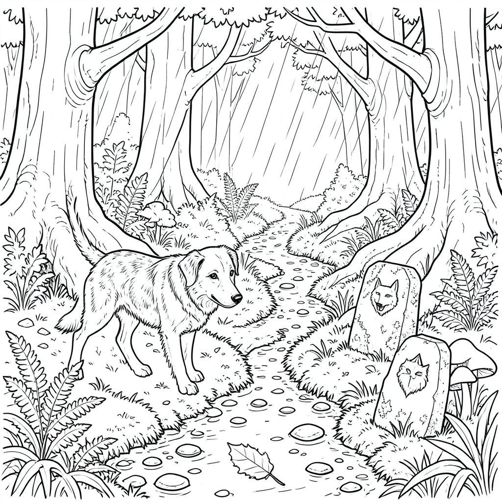 Mưa rơi dày đặc, bám vào những tảng đá phủ đầy rêu của Whisperwood. Không khí nặng nề với mùi đất ẩm ướt và lá thông, một hương thơm vừa cổ xưa vừa u sầu. Ánh sáng mặt trời vật lộn để xuyên qua tán cây, khiến sàn rừng chìm trong chạng vạng vĩnh viễn. Một con đường hẹp, mọc um tùm, chỉ hơn một con đường mòn của hươu, uốn lượn giữa những cây sồi khổng lồ, gồ ghề, rễ của chúng dày và lộ ra như xương của những người khổng lồ đang ngủ. Rải rác giữa những chiếc lá rụng là phần xương còn lại của một con hươu đã chết từ lâu, bị tẩy trắng bởi độ ẩm không ngừng. Một dòng suối nhỏ, nhỏ giọt, nghẹn ngào dương xỉ, cắt qua bụi rậm, nước và lạnh lẽo của nó. Những tảng đá bên dưới trơn trượt với rêu và tảo.

Một điểm đánh dấu bằng đá duy nhất, bị phong hóa, được chạm khắc với đầu sói cách điệu, nằm một phần bị chôn vùi gần mép suối. Nó được bao phủ bởi một lớp địa y dày, màu của sự phai màu. Xa hơn nữa dọc theo con đường, một cụm nấm hoa đẩy qua đất ẩm, mũ của chúng có màu sắc mỏng manh, gần như sáng. Một chiếc lá bạch dương rụng, màu nâu và giòn, nằm trên con đường, mép của nó cuộn tròn như một nụ cười buồn bã. 

được đặt ở vị trí hơi bên trái của con đường, đầu của nó nghiêng về phía dòng suối. Bộ lông của nó là một , lốm đốm, màu của đá phiến ướt, với các mảng lông nhạt hơn, gần như , xung quanh mõm và gốc tai của nó. Đuôi của nó dài và hơi cong, a , và được đưa thấp, gần như kéo nhẹ mặt đất. Đôi mắt của nó là một sự giật mình, thông minh , tập trung với một cường độ yên tĩnh. Mõm của chó dài và hơi nhọn, với một đường cong nhẹ nhàng đến hàm dưới. Đó là một nhân vật đơn độc, trang nghiêm, hoàn toàn tĩnh lặng.

---

[HỆ THỐNG: Whisperwood được biết đến bởi một số ít người sống trong biên giới của nó như một nơi của những ký ức đã mất và những cái bóng còn sót lại. Truyền thuyết nói về một 'Người bảo vệ' - một đơn độc - người bảo vệ khu rừng khỏi những kẻ sẽ làm xáo trộn sự yên bình của nó. này, chỉ được gọi là 'Silas' bởi một số ít người đã nhìn thấy nó, được sinh ra dưới sự liên kết hiếm hoi của các mặt trăng, một hiện tượng được cho là thấm nhuần mối liên hệ với đất liền. Dòng dõi của ông bắt nguồn từ một bầy đàn đã biến mất nhiều thế kỷ trước, chỉ để lại những câu chuyện rời rạc về một nỗi buồn sâu sắc. Anh ấy là một sinh vật của bản năng, một người quan sát im lặng và là người bảo vệ sự cân bằng. Bản thân khu rừng dường như phản ứng với sự hiện diện của anh ta, tinh tế thay đổi và thay đổi xung quanh anh ta, như thể thừa nhận sự canh thức cảnh giác của anh ta. Anh ấy không săn bắn. Anh ta không chạy trốn. Anh ấy chỉ đơn giản . Khu rừng nhớ đến anh ta, và anh ta nhớ điều đó. Sự tồn tại của anh ấy là một sợi chỉ lặng lẽ, kiên định trong tấm thảm của Whisperwood.], trang màu, nghệ thuật đường nét, nền trắng