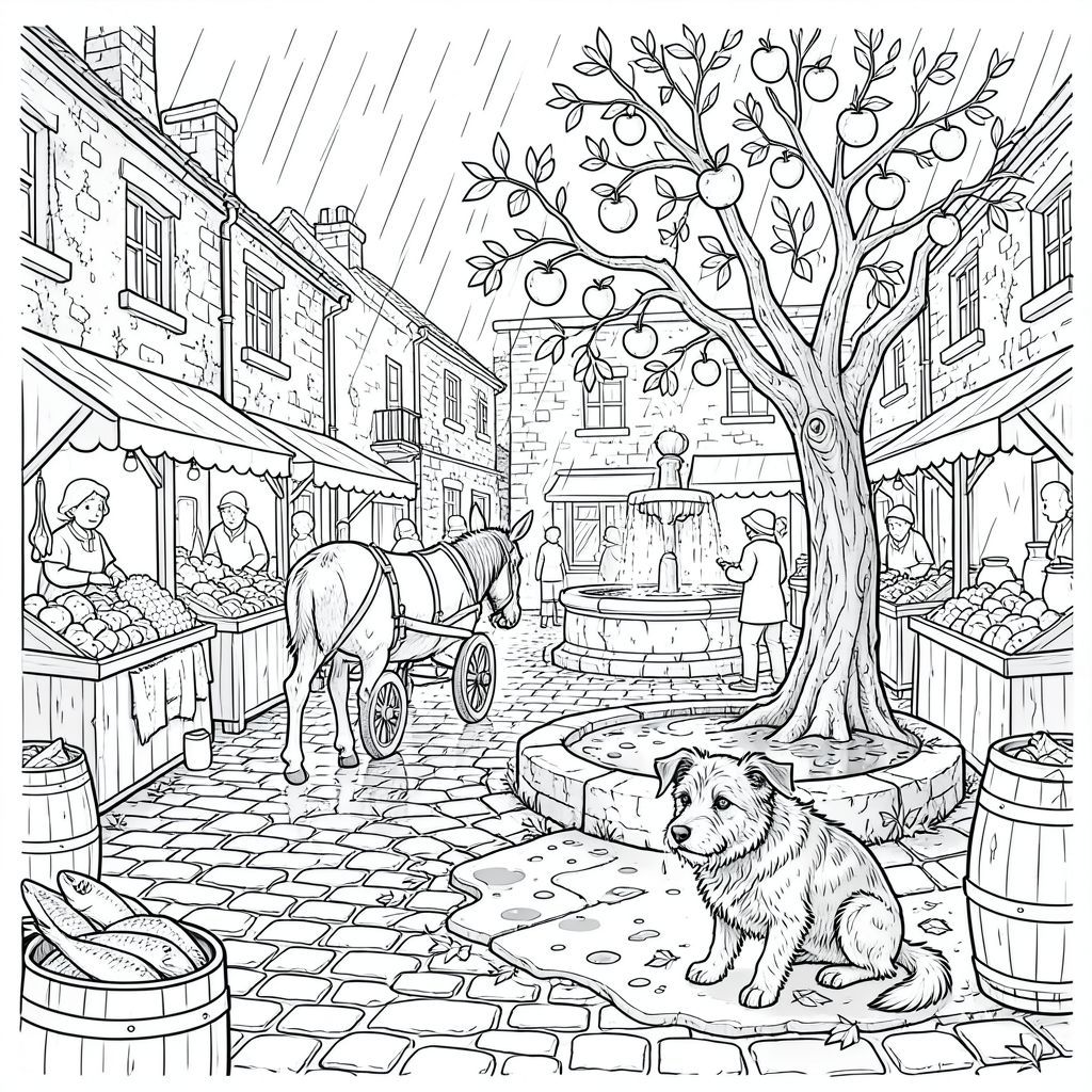 Mưa rơi liên tục, im lặng, lướt qua những viên đá cuội của Quảng trường Chợ Oldhaven. Đó là cuối mùa thu, không khí dày đặc với mùi khói củi và lá mục nát. Quảng trường là một tấm thảm hỗn loạn của các thương gia bán hàng rong hàng hóa của họ - những chiếc lông cừu thô, đồ bạc bị xỉn màu và đồ gốm có hình dạng kỳ lạ. Một cây táo gồ ghề duy nhất chiếm ưu thế ở một góc, cành của nó đầy quả bầm tím. Bên dưới nó, một đài phun nước nhỏ, luôn bị che khuất với dòng chảy u sầu, chậm chạp. Những bức tường đá của các tòa nhà xung quanh là một mảnh ghép chắp vá của phong hóa và rêu, bị ngắt quãng bởi những vệt sơn phai màu. Một chiếc xe ngựa, được kéo bởi một con lừa trông mệt mỏi, chậm rãi di chuyển trên những con đường hẹp, bánh xe của nó mài mòn trên những tảng đá không bằng phẳng. Một vài thùng cá muối nằm rải rác trên mặt đất, bên trong chúng phản ánh . Một mảng đá cuội nhỏ, ướt liên tục gần đài phun nước bị nhuộm bởi cặn dầu.

Một duy nhất, thấp - một hỗn hợp nhếch nhác, nhếch nhác - ngồi gục xuống dưới gốc cây táo. Bộ lông của nó xỉn màu, loang lổ, có vệt với các mảng . Một bên tai liên tục nghiêng về phía trước, che chắn đôi mắt của nó. Đuôi của nó được nhét thấp, nhét gọn gàng bên dưới cơ thể. Mũi của hơi ẩm, và ánh mắt của nó dán chặt vào một điểm ngay bên ngoài mép của hình vuông. Đó là một sinh vật nhỏ, khiêm tốn, hoàn toàn tĩnh lặng, một người quan sát trầm lặng trong khu chợ nhộn nhịp., tô màu, nghệ thuật đường nét, nền trắng
