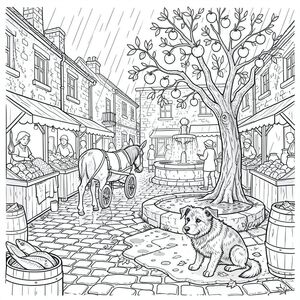 Mưa rơi liên tục, im lặng, lướt qua những viên đá cuội của Quảng trường Chợ Oldhaven. Đó là cuối mùa thu, không khí dày đặc với mùi khói củi và lá mục nát. Quảng trường là một tấm thảm hỗn loạn của các thương gia bán hàng rong hàng hóa của họ - những chiếc lông cừu thô, đồ bạc bị xỉn màu và đồ gốm có hình dạng kỳ lạ. Một cây táo gồ ghề duy nhất chiếm ưu thế ở một góc, cành của nó đầy quả bầm tím. Bên dưới nó, một đài phun nước nhỏ, luôn bị che khuất với dòng chảy u sầu, chậm chạp. Những bức tường đá của các tòa nhà xung quanh là một mảnh ghép chắp vá của phong hóa và rêu, bị ngắt quãng bởi những vệt sơn phai màu. Một chiếc xe ngựa, được kéo bởi một con lừa trông mệt mỏi, chậm rãi di chuyển trên những con đường hẹp, bánh xe của nó mài mòn trên những tảng đá không bằng phẳng. Một vài thùng cá muối nằm rải rác trên mặt đất, bên trong chúng phản ánh . Một mảng đá cuội nhỏ, ướt liên tục gần đài phun nước bị nhuộm bởi cặn dầu.

Một duy nhất, thấp - một hỗn hợp nhếch nhác, nhếch nhác - ngồi gục xuống dưới gốc cây táo. Bộ lông của nó xỉn màu, loang lổ, có vệt với các mảng . Một bên tai liên tục nghiêng về phía trước, che chắn đôi mắt của nó. Đuôi của nó được nhét thấp, nhét gọn gàng bên dưới cơ thể. Mũi của hơi ẩm, và ánh mắt của nó dán chặt vào một điểm ngay bên ngoài mép của hình vuông. Đó là một sinh vật nhỏ, khiêm tốn, hoàn toàn tĩnh lặng, một người quan sát trầm lặng trong khu chợ nhộn nhịp., tô màu, nghệ thuật đường nét, nền trắng