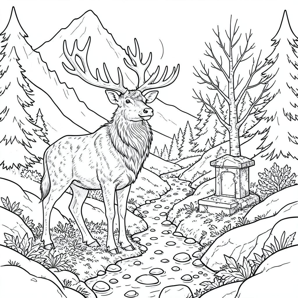 Những sườn núi phủ đầy tuyết của Sống Xà đột ngột nhô lên, một vết sẹo lởm chởm trên khắp đồng bằng phía bắc. Một hoàng hôn vĩnh viễn ngự trị ở đây, mặt trời hiếm khi xuyên qua tán cây thông cổ thụ rậm rạp. Đáy thung lũng là một sự chắp vá của màu xanh lá cây và nâu trầm, được điểm xuyết bởi màu trắng của nước tan băng nhỏ giọt xuống những tảng đá phủ đầy rêu. Một dòng suối hẹp, uốn lượn, nghẹn ngào bởi những tảng đá nhẵn, cắt qua trung tâm, nước của nó là băng hà. 

Một con hươu đực khổng lồ duy nhất, đứng ở trung tâm của một bãi đất trống nhỏ, có mái che. Đó là một sinh vật tuyệt vời, dễ dàng cao hai mươi feet ở vai, bộ lông của nó là một, lốm đốm -, phủ một lớp nhẹ hơn, gần như sáng bóng. Gạc của nó, to lớn và phân nhánh phức tạp, vươn lên trên giống như những ngón tay xương của một vị thần mùa đông. Chân của con hươu được xây dựng mạnh mẽ, kết thúc bằng móng guốc rộng, xòe ra hoàn hảo để đi qua địa hình không bằng phẳng. Đầu của nó rộng và mạnh mẽ, với một cái nhìn thông minh tập trung một chút sang trái. Một bờm dày, cong của , gần như , lông bao quanh khuôn mặt của nó, làm mềm các góc khắc nghiệt của hộp sọ của nó. Một đường gờ xương dốc nổi bật chạy dọc theo cột sống của nó, đỉnh điểm là một vai hơi dẹt. Đuôi của hươu dài và dày, đầu có một cụm , gần như , lông. Nó được đặt thấp so với mặt đất, hơi nghiêng sang phải, mang lại một đối trọng tinh tế. Bản thân bãi đất trống là một chỗ trũng nhỏ trong lòng đất, chứa đầy một lớp lá rụng dày và một cây bạch dương còi cọc, còi cọc, cành của nó vươn lên bầu trời như những cánh tay cầu xin. Một bàn thờ đá nhỏ, phong hóa nằm ẩn một phần giữa rễ cây bạch dương, được bao phủ bởi một lớp địa y. Ấn tượng tổng thể là một trong những sức mạnh cổ xưa, cảnh giác.

[HỆ THỐNG: CHẾ ĐỘ KHÓ - CHỦ NGHĨA HIỆN THỰC PHỨC TẠP]

--- Mô tả màu sắc: Con hươu được đặt hơi sang trái, đầu của nó nghiêng về phía một dãy núi mờ mịt ở xa. Tuyết ở sườn của nó có kết cấu tinh tế, tạo ra một gradient tinh tế từ màu đậm hơn, gần như , màu sắc. Nền rừng là một bùn lầy, với những mảng rêu bám vào đá. Dòng suối được hiển thị dưới dạng , phản chiếu, với các hoa văn nhỏ, xoáy màu trắng có thể nhìn thấy trong nước. Cây bạch dương là một màu trắng gần như sáng, tương phản rõ rệt với tông màu trầm của cảnh quan xung quanh. Mềm mại và khuếch tán, tạo ra bóng dài, nhẹ nhàng trên cảnh. Tập trung vào khuôn mặt của hươu đực - nhấn mạnh cường độ ánh mắt của nó. Tâm trạng tổng thể là một trong những sự cô đơn yên tĩnh và tĩnh lặng sâu sắc. Không có màu. Không đổ bóng. Một kết cấu tinh tế, duy nhất được thêm vào tuyết - một gợn sóng rất mờ, gần như không thể nhận thấy., trang màu, nghệ thuật đường nét, nền trắng