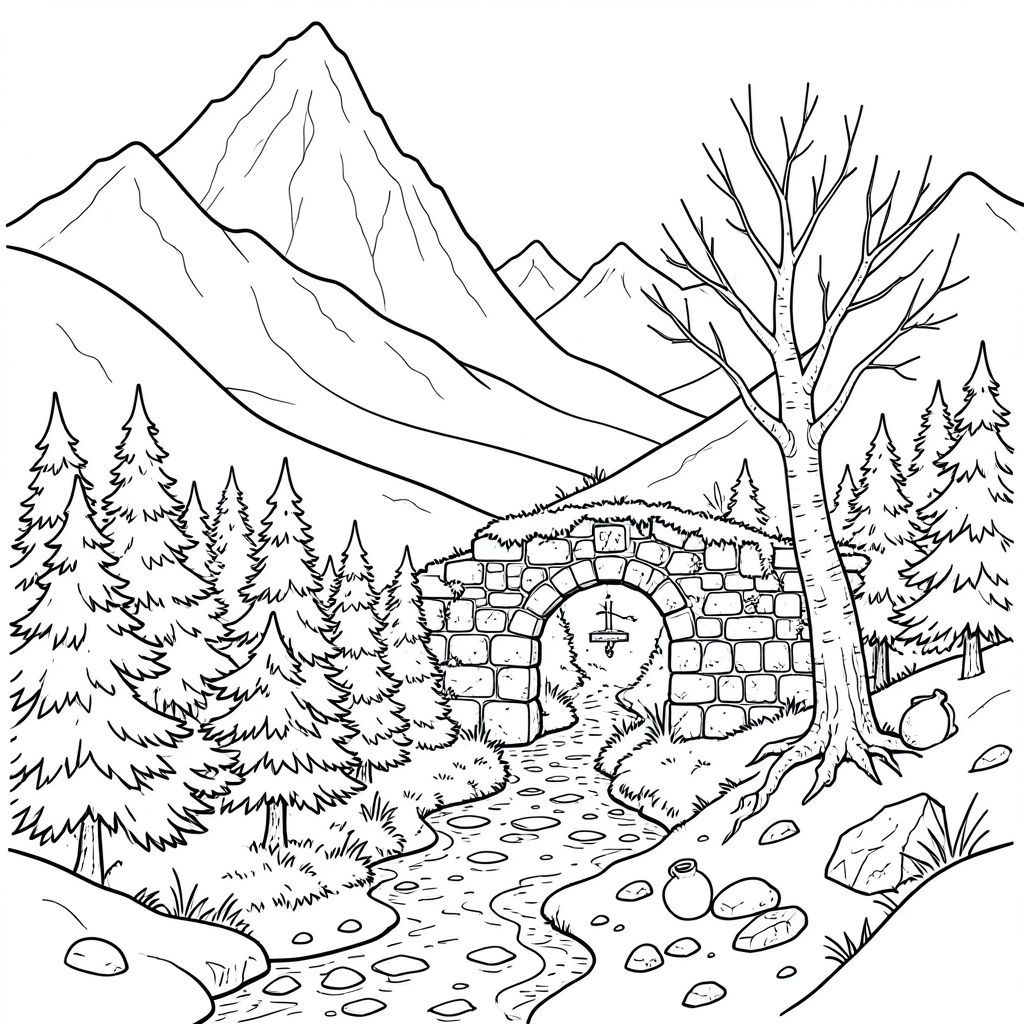 Tuyết chảy máu một vết bầm tím trên sườn của Cột sống của Rắn. Một hoàng hôn vĩnh viễn ngự trị ở đây, hậu quả của lớp băng băng, bám vào những đỉnh núi cao nhất. Đáy thung lũng, một tấm thảm màu xanh lá cây và nâu trầm lặng, được chạm khắc bởi một con sông chậm, có chủ ý - Silverstream - uốn lượn qua trung tâm của dãy núi. Nó không chảy trực tiếp; Thay vào đó, nó tập hợp thành một loạt các hồ nước nông, phủ đầy rêu, mỗi hồ phản chiếu sự mờ nhạt, giống như một hồ nước đóng băng thu nhỏ. Bản thân không khí loãng, mang theo mùi hương của cây thông và một thứ gì đó khác... một cái gì đó mờ nhạt , giống như già .

Một khu rừng thông còi cọc duy nhất chiếm phần hạ lưu của thung lũng, kim của nó tạo thành một hàng rào dày đặc, gần như không thể xuyên thủng. Bên dưới những cây thông, một bức tường đá nhỏ, đổ nát, chỉ hơn một cổng vòm bị phong hóa, đánh dấu bìa rừng. Bức tường được xây dựng bằng đá granit, nhuộm màu, gây bất ổn bởi nhiều thế kỷ mưa và địa y. Một chiếc đồng hồ mặt trời phủ đầy rêu đứng ở trung tâm của cổng vòm, gnomon của nó chỉ thẳng về phía đỉnh cực bắc. Mặt đất xung quanh bức tường rải rác với những mảnh gốm vỡ vụn, chủ yếu là và một vài viên đá nhẵn. Một con đường hẹp, mọc um tùm, chỉ rộng hơn vai của một người đàn ông, uốn lượn giữa những tán cây, biến mất trong bóng tối. Một cây bạch dương khô héo, vỏ màu trắng giòn, nghiêng một cách bấp bênh, rễ lộ ra một phần. Dòng suối, Silverstream, là một dải nước chậm chạp, bề mặt của nó chỉ thỉnh thoảng bị xáo trộn bởi những mảng băng. Các được khuếch tán, đổ bóng dài, méo mó trên phong cảnh., trang màu, nghệ thuật đường nét, nền trắng