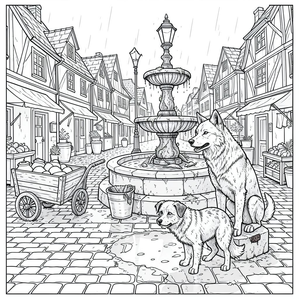 Những viên đá cuội bóng mưa của Quảng trường Chợ Oakhaven phản chiếu ánh hoàng hôn bầm tím, một màu sắc bệnh hoạn đậm dần theo từng phút. Một con hẻm hẹp, nghẹn ngào với những thùng rác tràn ngập và mùi khói củi và bia cũ, dẫn thẳng đến quảng trường trung tâm. Bản thân quảng trường bị chi phối bởi một đài phun nước cao chót vót, phủ đầy rêu, chậu chứa đầy nước tù đọng và bộ xương cá thỉnh thoảng bị vứt bỏ. Một cột đèn duy nhất, có khung xương đứng gần chân đài phun nước, tỏa ra ánh sáng yếu ớt. Các tòa nhà dọc quảng trường là một tập hợp ngẫu nhiên của những ngôi nhà khung gỗ, mái nhà của chúng chảy xệ dưới sức nặng của năm tháng và bị bỏ quên. Một vài quầy hàng rải rác trưng bày đồ gốm - chốt vải thô, cốc pewter móp méo và rau héo. Một hình vuông nhỏ, ẩm ướt vĩnh viễn bằng đá cuội đánh dấu mép của hình vuông.  Một bức tượng sói khắc kỷ, bị phong hóa, miệng hơi há hốc mồm trong tiếng gầm gừ im lặng, đứng canh gác gần rìa đài phun nước. Bề mặt đá granit của nó bị sẹo theo tuổi tác và được bao phủ bởi một lớp bụi bẩn dày. Một bản lề sắt rỉ sét duy nhất có thể nhìn thấy trên đế của bức tượng. Ở bên trái của bức tượng, một chiếc xe chở đầy chậu đất sét bị bỏ hoang, bánh xe của nó được bao phủ bởi một lớp bùn dày. Một thùng rác nhỏ, tràn ngập nằm dưới chân đài phun nước.  Một vũng bùn duy nhất phản chiếu sự phai màu, làm méo mó hình ảnh của bức tượng. Không khí nặng nề với mùi đá ướt và lá mục nát.  Một nhỏ, khoảng sáu tuổi, được đặt bên dưới đế của bức tượng. Đó là một hỗn hợp nhếch nhác, lốm đốm và màu trắng, bộ lông của nó mờ nhạt và bụi bặm. Đuôi của nó được nhét thấp, giữ lỏng lẻo giữa hai chân. Một bên tai hơi cong và một mảng lông nhỏ, rách rưới có thể nhìn thấy gần mõm của nó. Đôi mắt của nó là một sự giật mình, thông minh, cố định vào một điểm ngay bên ngoài vai người xem. Tư thế của hơi sụp xuống, như thể bị gánh nặng bởi một trọng lượng vô hình., trang màu, nghệ thuật đường nét, nền trắng