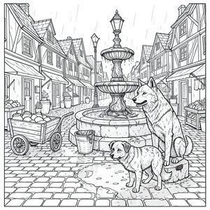 Những viên đá cuội bóng mưa của Quảng trường Chợ Oakhaven phản chiếu ánh hoàng hôn bầm tím, một màu sắc bệnh hoạn đậm dần theo từng phút. Một con hẻm hẹp, nghẹn ngào với những thùng rác tràn ngập và mùi khói củi và bia cũ, dẫn thẳng đến quảng trường trung tâm. Bản thân quảng trường bị chi phối bởi một đài phun nước cao chót vót, phủ đầy rêu, chậu chứa đầy nước tù đọng và bộ xương cá thỉnh thoảng bị vứt bỏ. Một cột đèn duy nhất, có khung xương đứng gần chân đài phun nước, tỏa ra ánh sáng yếu ớt. Các tòa nhà dọc quảng trường là một tập hợp ngẫu nhiên của những ngôi nhà khung gỗ, mái nhà của chúng chảy xệ dưới sức nặng của năm tháng và bị bỏ quên. Một vài quầy hàng rải rác trưng bày đồ gốm - chốt vải thô, cốc pewter móp méo và rau héo. Một hình vuông nhỏ, ẩm ướt vĩnh viễn bằng đá cuội đánh dấu mép của hình vuông.  Một bức tượng sói khắc kỷ, bị phong hóa, miệng hơi há hốc mồm trong tiếng gầm gừ im lặng, đứng canh gác gần rìa đài phun nước. Bề mặt đá granit của nó bị sẹo theo tuổi tác và được bao phủ bởi một lớp bụi bẩn dày. Một bản lề sắt rỉ sét duy nhất có thể nhìn thấy trên đế của bức tượng. Ở bên trái của bức tượng, một chiếc xe chở đầy chậu đất sét bị bỏ hoang, bánh xe của nó được bao phủ bởi một lớp bùn dày. Một thùng rác nhỏ, tràn ngập nằm dưới chân đài phun nước.  Một vũng bùn duy nhất phản chiếu sự phai màu, làm méo mó hình ảnh của bức tượng. Không khí nặng nề với mùi đá ướt và lá mục nát.  Một nhỏ, khoảng sáu tuổi, được đặt bên dưới đế của bức tượng. Đó là một hỗn hợp nhếch nhác, lốm đốm và màu trắng, bộ lông của nó mờ nhạt và bụi bặm. Đuôi của nó được nhét thấp, giữ lỏng lẻo giữa hai chân. Một bên tai hơi cong và một mảng lông nhỏ, rách rưới có thể nhìn thấy gần mõm của nó. Đôi mắt của nó là một sự giật mình, thông minh, cố định vào một điểm ngay bên ngoài vai người xem. Tư thế của hơi sụp xuống, như thể bị gánh nặng bởi một trọng lượng vô hình., trang màu, nghệ thuật đường nét, nền trắng