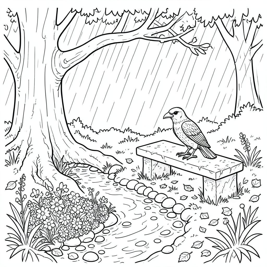 Mưa rơi thành từng tấm, một lần rửa trôi vĩnh viễn trên đáy thung lũng. Đó là một tiếng trống trầm, dai dẳng, một tiếng thì thầm liên tục trên những tảng đá phủ đầy rêu của Whisperwood. Không khí dày đặc và lạnh lẽo, mang theo mùi hương của đất ẩm ướt và lá mục nát. Ánh sáng mặt trời vật lộn để xuyên qua tán cây, vẽ mặt đất thành một đốm đốm, dịu dàng.  Bên dưới những rễ cây sồi cổ thụ, một khoảng trống nhỏ để lộ một vòng tròn đá granit mịn. Trong vòng tròn này, một mảng hoa dại duy nhất, được hình thành hoàn hảo, một , gần như đau đớn, tràn trên mặt đất. Một dòng suối nhỏ, nhỏ giọt, chỉ rộng hơn bàn tay của một người đàn ông, uốn lượn qua khoảng trống, nước và lạnh lẽo. Lòng suối bị nghẹt thở bởi những tảng đá nhẵn, mịn màng do nước hàng thế kỷ.  Một chiếc ghế đá bị phong hóa, phủ đầy rêu nằm hơi cách dòng suối, tạo ra một vị trí thuận lợi nhẹ. Trên đó là một con chim gỗ được chạm khắc tinh xảo - một con quạ, đôi cánh hơi dang rộng như thể sẵn sàng bay. Hình chạm khắc rất chi tiết, lông vũ được tạo ra với bóng râm tinh tế, gần như không thể nhận thấy. Mắt của con quạ là một cây obsidian được đánh bóng.  Khoảng trống nhỏ, có lẽ không quá hai mươi feet. Băng ghế đá được đặt ngay trước dòng suối, bề mặt của nó trơn bóng. Một vệt lá rụng, hỗn hợp và đất son, phủ lên mặt đất xung quanh băng ghế. Một chiếc chuông xanh duy nhất đẩy qua mặt đất ẩm ướt, một mảng màu nhỏ trên các tông màu trầm lặng.  Bản thân nó là một , gần như mượt mà , gần như trong bóng tối. Nó dường như hấp thụ , tạo ra một hiệu ứng thôi miên tinh tế. Nước suối trong vắt, phản chiếu bầu trời phía trên.  Chạm khắc gỗ của con quạ được đặt ở giữa, mắt của nó hướng thẳng vào người xem. * CON QUẠ Bộ lông của nó là một , mượt mà, màu của một đêm không sao. Các chiếc lông được thể hiện tỉ mỉ, từng ngạnh riêng lẻ được xác định một cách tinh tế. Mỏ có góc cạnh sắc nét, một , obsidian được đánh bóng. Con mắt là một obsidian đáng kinh ngạc, được đánh bóng, một , kiên định . Mỏ hơi lõm xuống, gợi ý về một trí thông minh thận trọng. Chân của con quạ mảnh mai và hơi góc cạnh, kết thúc bằng móng vuốt sắc nhọn. Tư thế của nó hơi nghiêng, một đường cong tinh tế đến cổ, như thể đang quan sát.  Đôi cánh của nó được gấp lại, một , gần như bầm tím , gợi ý một khoảnh khắc tĩnh lặng. Những chiếc lông vũ có kết cấu tinh tế, tạo cảm giác sâu sắc và khối lượng.  Đuôi của con quạ dài và thuôn nhọn, một , gần như , đầu với một cái đuôi tinh tế, . Nó không phải là một cái đuôi rực rỡ, mà là một cái đuôi chức năng, thanh lịch.  Tư thế của con quạ hơi nghiêng, một đường cong tinh tế ở cổ, như thể đang quan sát. Nó được đặt hơi lệch tâm, tạo ra sự mất cân bằng nhẹ, có chủ ý. * CHỦ ĐỀ DUY NHẤT, trang màu, nghệ thuật đường nét, nền trắng