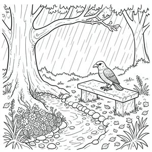 Mưa rơi thành từng tấm, một lần rửa trôi vĩnh viễn trên đáy thung lũng. Đó là một tiếng trống trầm, dai dẳng, một tiếng thì thầm liên tục trên những tảng đá phủ đầy rêu của Whisperwood. Không khí dày đặc và lạnh lẽo, mang theo mùi hương của đất ẩm ướt và lá mục nát. Ánh sáng mặt trời vật lộn để xuyên qua tán cây, vẽ mặt đất thành một đốm đốm, dịu dàng.  Bên dưới những rễ cây sồi cổ thụ, một khoảng trống nhỏ để lộ một vòng tròn đá granit mịn. Trong vòng tròn này, một mảng hoa dại duy nhất, được hình thành hoàn hảo, một , gần như đau đớn, tràn trên mặt đất. Một dòng suối nhỏ, nhỏ giọt, chỉ rộng hơn bàn tay của một người đàn ông, uốn lượn qua khoảng trống, nước và lạnh lẽo. Lòng suối bị nghẹt thở bởi những tảng đá nhẵn, mịn màng do nước hàng thế kỷ.  Một chiếc ghế đá bị phong hóa, phủ đầy rêu nằm hơi cách dòng suối, tạo ra một vị trí thuận lợi nhẹ. Trên đó là một con chim gỗ được chạm khắc tinh xảo - một con quạ, đôi cánh hơi dang rộng như thể sẵn sàng bay. Hình chạm khắc rất chi tiết, lông vũ được tạo ra với bóng râm tinh tế, gần như không thể nhận thấy. Mắt của con quạ là một cây obsidian được đánh bóng.  Khoảng trống nhỏ, có lẽ không quá hai mươi feet. Băng ghế đá được đặt ngay trước dòng suối, bề mặt của nó trơn bóng. Một vệt lá rụng, hỗn hợp và đất son, phủ lên mặt đất xung quanh băng ghế. Một chiếc chuông xanh duy nhất đẩy qua mặt đất ẩm ướt, một mảng màu nhỏ trên các tông màu trầm lặng.  Bản thân nó là một , gần như mượt mà , gần như trong bóng tối. Nó dường như hấp thụ , tạo ra một hiệu ứng thôi miên tinh tế. Nước suối trong vắt, phản chiếu bầu trời phía trên.  Chạm khắc gỗ của con quạ được đặt ở giữa, mắt của nó hướng thẳng vào người xem. * CON QUẠ Bộ lông của nó là một , mượt mà, màu của một đêm không sao. Các chiếc lông được thể hiện tỉ mỉ, từng ngạnh riêng lẻ được xác định một cách tinh tế. Mỏ có góc cạnh sắc nét, một , obsidian được đánh bóng. Con mắt là một obsidian đáng kinh ngạc, được đánh bóng, một , kiên định . Mỏ hơi lõm xuống, gợi ý về một trí thông minh thận trọng. Chân của con quạ mảnh mai và hơi góc cạnh, kết thúc bằng móng vuốt sắc nhọn. Tư thế của nó hơi nghiêng, một đường cong tinh tế đến cổ, như thể đang quan sát.  Đôi cánh của nó được gấp lại, một , gần như bầm tím , gợi ý một khoảnh khắc tĩnh lặng. Những chiếc lông vũ có kết cấu tinh tế, tạo cảm giác sâu sắc và khối lượng.  Đuôi của con quạ dài và thuôn nhọn, một , gần như , đầu với một cái đuôi tinh tế, . Nó không phải là một cái đuôi rực rỡ, mà là một cái đuôi chức năng, thanh lịch.  Tư thế của con quạ hơi nghiêng, một đường cong tinh tế ở cổ, như thể đang quan sát. Nó được đặt hơi lệch tâm, tạo ra sự mất cân bằng nhẹ, có chủ ý. * CHỦ ĐỀ DUY NHẤT, trang màu, nghệ thuật đường nét, nền trắng